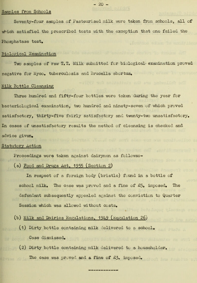 Samples from Schools Seventy-four samples of Pasteurised milk were taken from schools, all of which satisfied the prescribed tests with the exception that one failed the Phosphatase test. Biological Examination Two samples of raw T.T. Milk submitted for biological' examination proved negative for Myco, tuberculosis and Brucella abortus. Milk Bottle Cleansing Three hundred and fifty-four bottles were taken during the year for bacteriological examination, two hundred and ninety-seven of which proved satisfactory, thirty-five fairly satisfactory and twenty-two unsatisfactory. In cases of unsatisfactory results the method of cleansing is checked and advice given. Statutory Action Proceedings were taken against dairymen as follows:- (a) Food and Drugs Act, 1955 (Section 2) In respect of a foreign body (bristle) found in a bottle of school milk. The case was proved and a fine of £5, imposed. The defendant subsequently appealed against the conviction to Quarter Session which was allowed without costs, (b) Milk and Dairies Regulations. 194-9 (regulation 26) (1) Dirty bottle containing milk delivered to a school. Case dismissed, (2) Dirty bottle containing milk delivered to a householder. The case was proved and a fine of £3. imposed.