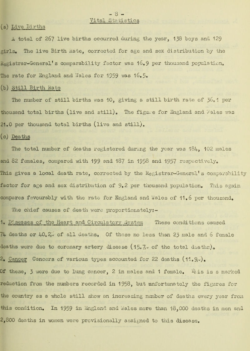 Vital Statistics (a) Live Births A total of 267 live births occurred during the year, 138 boys and 129 girls. The live Birth hate, corrected for age and sex distribution by the Registrar-General’s comparability factor was 16.9 per thousand population. The rate for England and Vales for 1959 was l6.5« (b) Still Birth Rate The number of still births was 10, giving a still birth rate of 360 1 per thousand total births (live and still). The figure for England and Vales was 21,0 per thousand total births (live and still). (c) Deaths The total number of deaths registered during the year was 184, 102 males and 82 females, compared with 199 and 187 in 1958 and 1957 respectively. This gives a local death rate, corrected by the Registrar-General's comparability factor for age and sex distribution of 9»2 per thousand population. This again compares favourably with the rate for England and Wales of 11,6 per thousand. The chief causes of death were proportionately;- 1, Diseases of the Heart and Circulatory By stein These conditions caused 74 deaths or 40,2,.: of all deaths. Of these no less than 23 male and 6 female deaths were due to coronary artery disease (17/- of the total deaths),, 2, Cancer Cancers of various types accounted for 22 deaths (l1,9/-)« Of these, 3 were due to lung cancer, 2 in males and 1 female, This is a marked reduction from the numbers recorded in 1958, but unfortunately the figures for the country as a whole still show an increasing number of deaths every year from this condition. In 1959 in. England and Wales more than 18,000 deaths in men and 2,800 deaths in women were provisionally assigned to this disease.