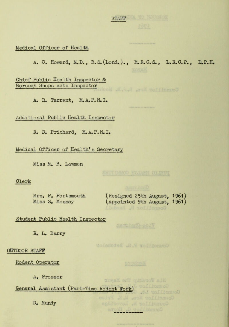 STAFF Medical Officer of Health A. C. Howard, M.D,, B. S, (Lond,)., M. R. C. S., L. R, C.p., D.P.H. Chief Public Health Inspector & Borough Shops Acts Inspector A. R. Tarrant, M.A.P.H.I, Additional Public Health Inspector R. D, Prichard, M.A.P.H.I, Medical Officer of Health* s Secretary Miss M. B. Lowman Clerk Mrs. P. Portsmouth (Resigned 25th August, 1961) Miss S. Mesney (Appointed 9th August, 196*0 Student Public Health Inspector R« L. Barry OUTDOOR STAFF Rodent Operator A, Prosser General Assistant (Part-Time Rodent Work) D. Mundy