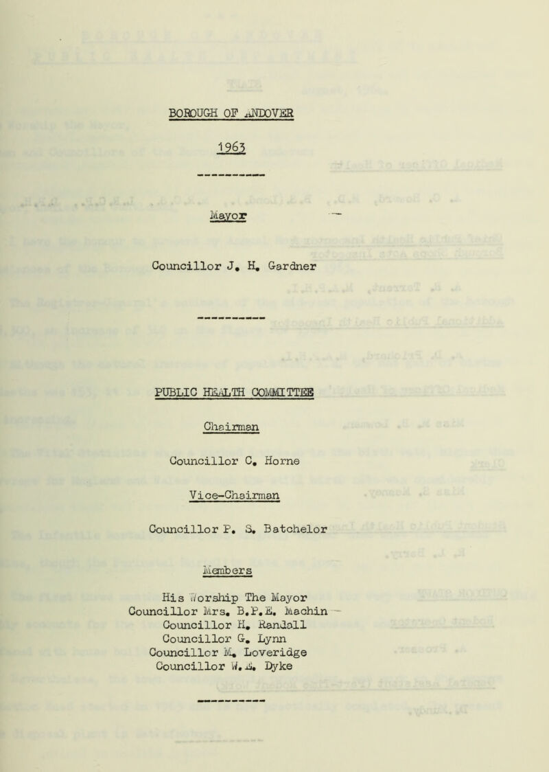 BOROUGH OF .iNDOVSR 196.5 Mayor Councillor J* H. Gardner PUBLIC H&’aLTH GOlv'iMITTEB Chairman Councillor C. Horne Vice-Chairman Councillor P. 3. Batchelor Members His Worship The Mayor Councillor Mrs, B,P,Ii. Machin Councillor H, Randall Councillor G, Lynn Councillor M, Loveridge Councillor W. L* Dyke