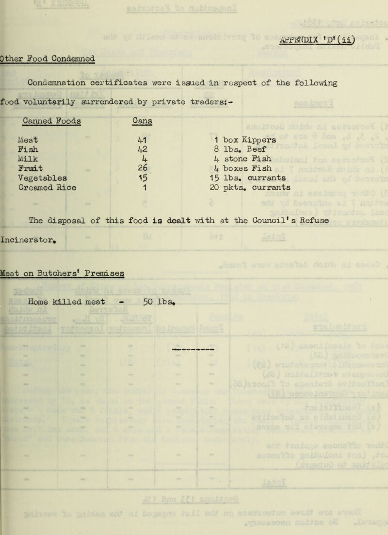 Other good Condemned Condemnation certificates were issued in respect of the following food voluntarily surrendered by private traders:- Canned goods Cans Meat 41 1 box Kippers Pish 42 8 lbs. Beef Milk 4 4 stone Pish Pruit 26 4 boxes Pish Vegetables 15 15 lbs. currants Creamed Rice 1 20 pkts. currants The disposal of this food is dealt with at the Council's Refuse Incinerator* Meat on Butchers' Premises Home killed meat 50 lbs*