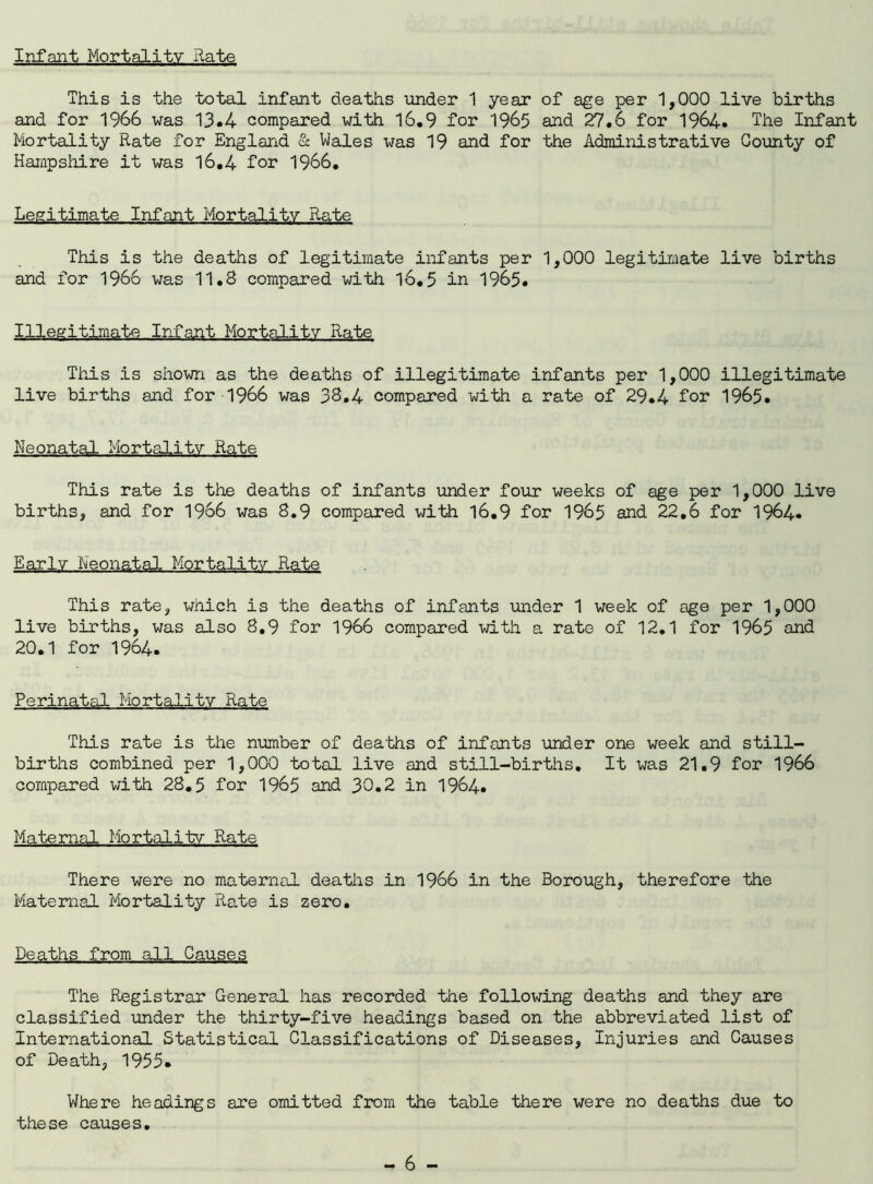 Infant Mortality Rate This is the total infant deaths under 1 year of age per 1,000 live births and for 1966 was 13.4 compared with 16.9 for 1965 and 27.6 for 1964. The Infant Mortality Rate for England & Wales was 19 and for the Administrative County of Hampshire it was 16.4 lor 1966. Legitimate Infant Mortality Rate This is the deaths of legitimate infants per 1,000 legitimate live births and for 1966 was 11.8 compared with 16.5 in 1965. Illegitimate Infant Mortality Rate This is shown as the deaths of illegitimate infants per 1,000 illegitimate live births and for-1966 was 38.4 compared with a rate of 29.4 lor 1965. Neonatal Mortality Rate This rate is the deaths ol inlants under lour weeks of age per 1,000 live births, and lor 1966 was 8.9 compared with 16.9 lor 1965 and 22.6 lor 1964* Early Neonatal Mortality Rate This rate, which is the deaths ol inlants under 1 week ol age per 1,000 live births, was also 8.9 lor 1966 compared with a rate ol 12.1 lor 1965 and 20.1 lor 1964. Perinatal Mortality Rate This rate is the number ol deaths of infants under one week and still- births combined per 1,000 total live and still-births. It was 21.9 for 1966 compared with 28.5 for 1965 and 30.2 in 1964. Maternal Mortality Rate There were no maternal deaths in 1966 in the Borough, therefore the Maternal Mortality Rate is zero. Deaths from all Causes The Registrar General has recorded the following deaths and they are classified under the thirty-five headings based on the abbreviated list of International Statistical Classifications of Diseases, Injuries and Causes of Death, 1955. Where headings are omitted from the table there were no deaths due to these causes.