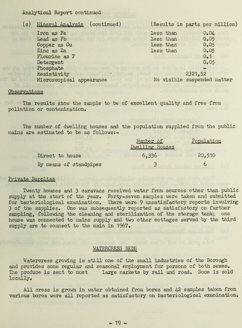 Analytical Report continued (c) Mineral Analysis (continued) Iron as Fe Lead as Pb Copper as Cu Zinc as Zn Flourine as F Detergent Phosphate Resistivity Microscopical appearance (Results in parts per million) less than 0.04 less than 0.05 less than 0.05 less than 0.05 0.1 0.05 2321,52 No visible suspended matter Observations The results show the sample to be of excellent quality and free from pollution or contamination. The number of dwelling houses and the population supplied from the public mains are estimated to be as follows Number of Population Dwelling Houses Direct to house 6,336 20,510 By means of standpipes 3 6 Private Supplies Twenty houses and 3 caravans received water from sources other than public supply at the start of the year. Forty-seven samples were taken and submitted for bacteriological examination. There were 9 unsatisfactory reports involving 3 of the supplies. One was subsequently reported as satisfactory on further sampling, following the cleaning and sterilization of the storage tank; one house was connected to mains supply and two other cottages served by the third supply are to connect to the main in 1967. WATERCRESS BEDS Watercress growing is still one of the small industries of the Borough and provides some regular and seasonal employment for persons of both sexes. The produce is sent to most large markets by rail and road. Some is sold locally. All cress is grown in water obtained from bores and 42 samples taken from various bores were all reported as satisfactory on bacteriological examination.