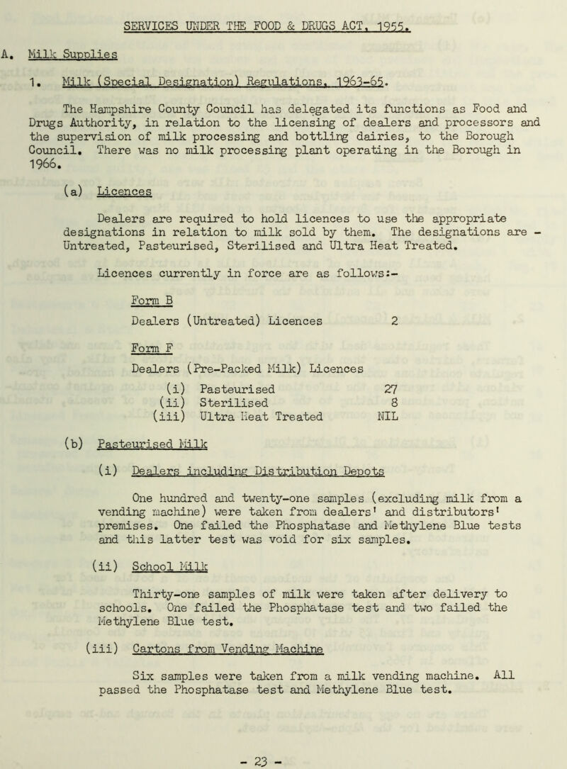 SERVICES UNDER THE FOOD & DRUGS ACT. 1955. Milk Supplies 1. Milk (Special Designation) Regulations. 1963-65., The Hampshire County Council has delegated its functions as Food and Drugs Authority, in relation to the licensing of dealers and processors and the supervision of milk processing and bottling dairies, to the Borough Council. There was no milk processing plant operating in the Borough in 1966. (a) Licences Dealers are required to hold licences to use the appropriate designations in relation to milk sold by them. The designations are - Untreated, Pasteurised, Sterilised and Ultra Heat Treated. Licences currently in force are as follows Form B Dealers (Untreated) Licences 2 Form F Dealers (Pre-Packed Milk) Licences (i) Pasteurised 27 (ii) Sterilised 8 (iii) Ultra Heat Treated NIL (b) Pasteurised Milk (i) Dealers including Distribution Depots One hundred and twenty-one samples (excluding milk from a vending machine) were taken from dealers1 and distributors1 premises. One failed the Phosphatase and Methylene Blue tests and this latter test was void for six samples. (ii) School Milk Thirty-one samples of milk were taken after delivery to schools. One failed the Phosphatase test and two failed the Methylene Blue test. (iii) Cartons from Vending Machine Six samples were taken from a milk vending machine. All passed the Phosphatase test and Methylene Blue test.