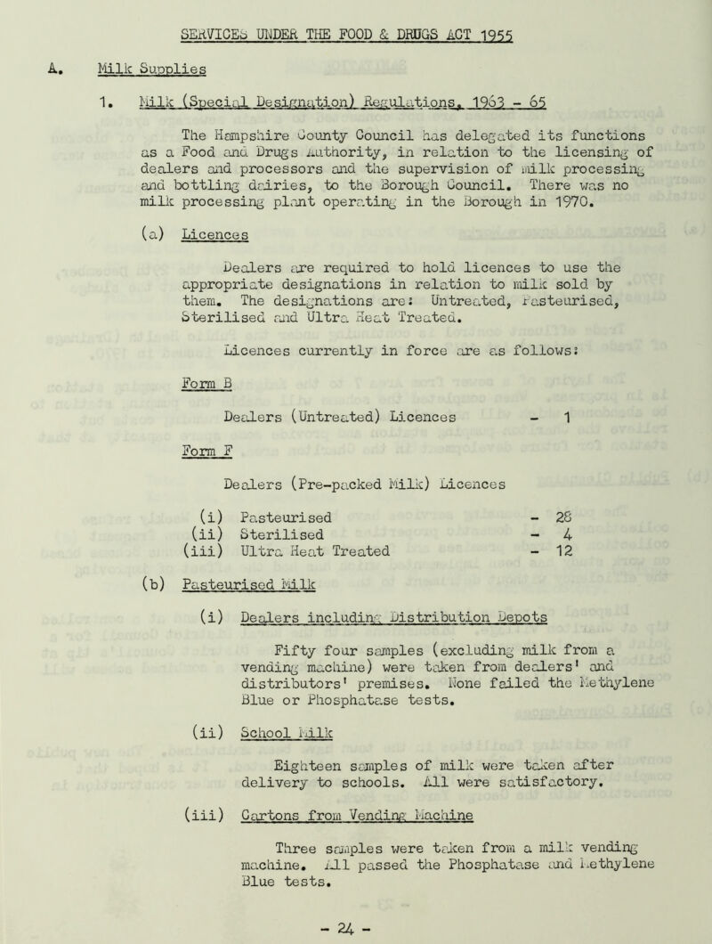 SEH7ICES UPPER THE FOOD £ DRUGS ACT 1955 A. Milk Supplies 1. Milk (Special Designation) Regulations. 1963 - 65 The Hampshire County Council has delegated its functions as a Food and Drugs Authority, in relation to the licensing of dealers and processors and the supervision of milk processing and bottling dairies, to the Borough Council. There was no milk processing plant opera.ting in the Borough in 1970. (a) Licences Dealers are reoAuired to hold licences to use the appropriate designations in relation to milk sold by them. The designations arei Untreated, Pasteurised, Sterilised and Ultra Heat Treated. Licences currently in force are as followsi Form B Dealers (Untreated) Licences - 1 Form F Dealers (Pre-packed Milk) Licences (i) Pasteurised - 28 (ii) Sterilised - 4 (iii) Ultra Heat Treated - 12 (b) Pasteurised Milk (i) Dealers includin'; Distribution Depots Fifty four samples (excluding milk from a vending machine) were taken from dealers1 and distributors1 premises. Hone failed the Methylene Blue or Phosphatase tests. (ii) School Milk Eighteen samples of milk were taken after delivery to schools. All were satisfactory. (iii) Cartons from Vending1 Machine Three samples were taken from a milk vending1 machine. Mil passed the Phosphatase and Methylene Blue tests.