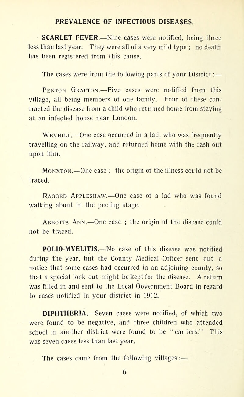 PREVALENCE OF INFECTIOUS DISEASES. SCARLET FEVER.—Nine cases were notified, being three less than last year. They were all of a very mild type ; no death has been registered from this cause. The cases were from the following parts of your District:— Penton Grafton.—Five cases were notified from this village, all being members of one family. Four of these con- tracted the disease from a child who returned home from staying at an infected house near London. Weyhill.—One case occurred in a lad, who was frequently travelling on the railway, and returned home with the rash out upon him. Monxton.—One case ; the origin of the illness cot Id not be traced. Ragged Appleshaw.—One case of a lad who was found walking about in the peeling stage. Abbotts Ann.—One case ; the origin of the disease could npt be traced. POLIO-MYELITIS.—No case of this disease was notified during the year, but the County Medical Officer sent out a notice that some cases had occurred in an adjoining county, so that a special look out might be kept for the disease. A return was filled in and sent to the Local Government Board in regard to cases notified in your district in 1912. DIPHTHERIA.—Seven cases were notified, of which two were found to be negative, and three children who attended school in another district were found to be “ carriers.” This was seven cases less than last year. The cases came from the following villages:—