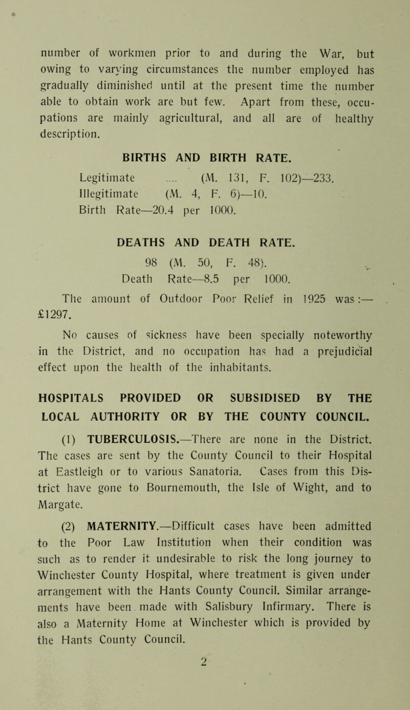 number of workmen prior to and during the War, but owing to varying circumstances the number employed has gradually diminished until at the present time the number able to obtain work are but few. Apart from these, occu- pations are mainly agricultural, and all are of healthy description. BIRTHS AND BIRTH RATE. Legitimate .... (M. 131, F. 102)—233. Illegitimate (M. 4, F. 6)—10. Birth Rate—20.4 per 1000. DEATHS AND DEATH RATE. 98 (M. 50, F. 48). Death Rate—8.5 per 1000. The amount of Outdoor Poor Relief in 1925 was:— £1297. No causes of sickness have been specially noteworthy in the District, and no occupation has had a prejudicial effect upon the health of the inhabitants. HOSPITALS PROVIDED OR SUBSIDISED BY THE LOCAL AUTHORITY OR BY THE COUNTY COUNCIL. (1) TUBERCULOSIS.—There are none in the District. The cases are sent by the County Council to their Hospital at Eastleigh or to various Sanatoria. Cases from this Dis- trict have gone to Bournemouth, the Isle of Wight, and to Margate. (2) MATERNITY.—Difficult cases have been admitted to the Poor Law Institution when their condition was such as to render it. undesirable to risk the long journey to Winchester County Hospital, where treatment is given under arrangement with the Hants County Council. Similar arrange- ments have been made with Salisbury Infirmary. There is also a Maternity Home at Winchester which is provided by the Hants County Council.