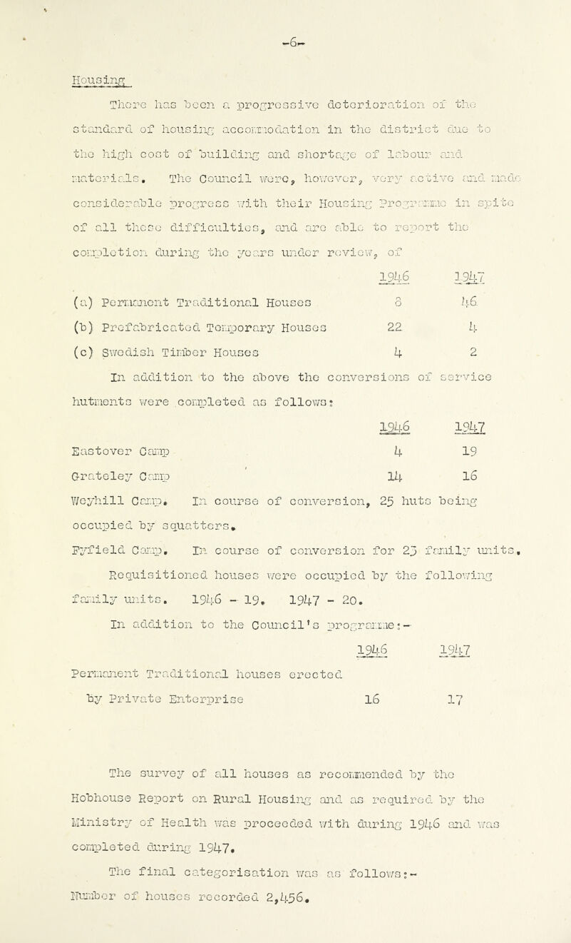 ■G' Housing There has heen a progressive deterioration of the standard of housing accorxiodation in the district due to the high cost of huilding and shortage of lahour and materials. The Council werOj, however^ very active and made considerable progress with their Housing progrommo in spite of all these difficulties, and are able to report the completion during the 3^0arc under review, of 1246 1217 (a) Permraient Traditional Houses 3 hG. (b) Prefabricated Temporary Houses 22 4 (c) Sv/odish Timber Houses 4 2 In addition to the above the conversions of service hutments were completed as follows* 1946 1947. Eastover Camp 4 19 Grateley Camp Jl\. l6 Weyhill Camp, In course of conversion, 25 huts being occupied by squatters* Pyfield Camp, In course of conversion for 23 family miits. Requisitioned houses v/ere occupied by the following family units. 1946 - 19, 1947 - 20. In addition to the Council’s programme'- 1946 1947 permajient Traditional houses erected bqr Private Enterprise l6 17 The survey of all houses as reconmended by the Hobhouse Rejport on Rural Housing and as required by the Ministrz^ of Health was proceeded with during 1946 and was completed during 1947, The final categorisation was Humber of houses recorded 2,456. as follov7Sj“