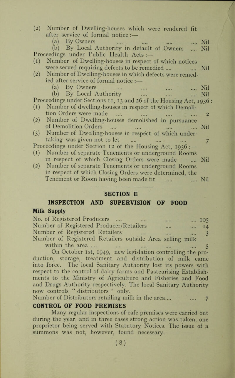 / (2) Number of Dwelling-houses which were rendered fit after service of formal notice :— (a) By Owners .... .... .... .... Nil (b) By Local Authority in default of Owners .... Nil Proceedings under Public Health Acts :— (1) Number of Dwelling-houses in respect of which notices were served requiring defects to be remedied .... .... Nil (2) Number of Dwelling-houses in which defects were remed- ied after service of formal notice :— (a) By Owners .... .... .... .... Nil (b) By Local Authority .... .... .... Nil Proceedings under Sections 11,13 and 26 of the Housing Act, 1936 : (1) Number of dwelling-houses in respect of which Demoli- tion Orders were made .... .... .... .... 2 (2) Number of Dwelling-houses demolished in pursuance of Demolition Orders .... .... .... .... Nil (3) Number of Dwelling-houses in respect of which under- taking was given not to let .... .... .... 7 Proceedings under Section 12 of the Housing Act, 1936:— (1) Number of separate Tenements or underground Rooms in respect of which Closing Orders were made .... Nil (2) Number of separate Tenements or underground Rooms in respect of which Closing Orders were determined, the Tenement or Room having been made fit .... .... Nil SECTION E INSPECTION AND SUPERVISION OF FOOD Milk Supply No. of Registered Producers .... .... .... .... 105 Number of Registered Producer/Retailers .... .... 14 Number of Registered Retailers .... .... .... 3 Number of Registered Retailers outside Area selling milk within the area .... .... .... .... .... 5 On October 1st, 1949, new legislation controlling the pro- duction, storage, treatment and distribution of milk came into force. The local Sanitary Authority lost its powers with respect to the control of dairy farms and Pasteurising Establish- ments to the Ministry of Agriculture and Fisheries and Food and Drugs Authority respectively. The local Sanitary Authority now controls “ distributors ” only. Number of Distributors retailing milk in the area.... .... 7 CONTROL OF FOOD PREMISES Many regular inspections of cafe premises were carried out during the year, and in three cases strong action was taken, one proprietor being served with Statutory Notices. The issue of a summons was not, however, found necessary.