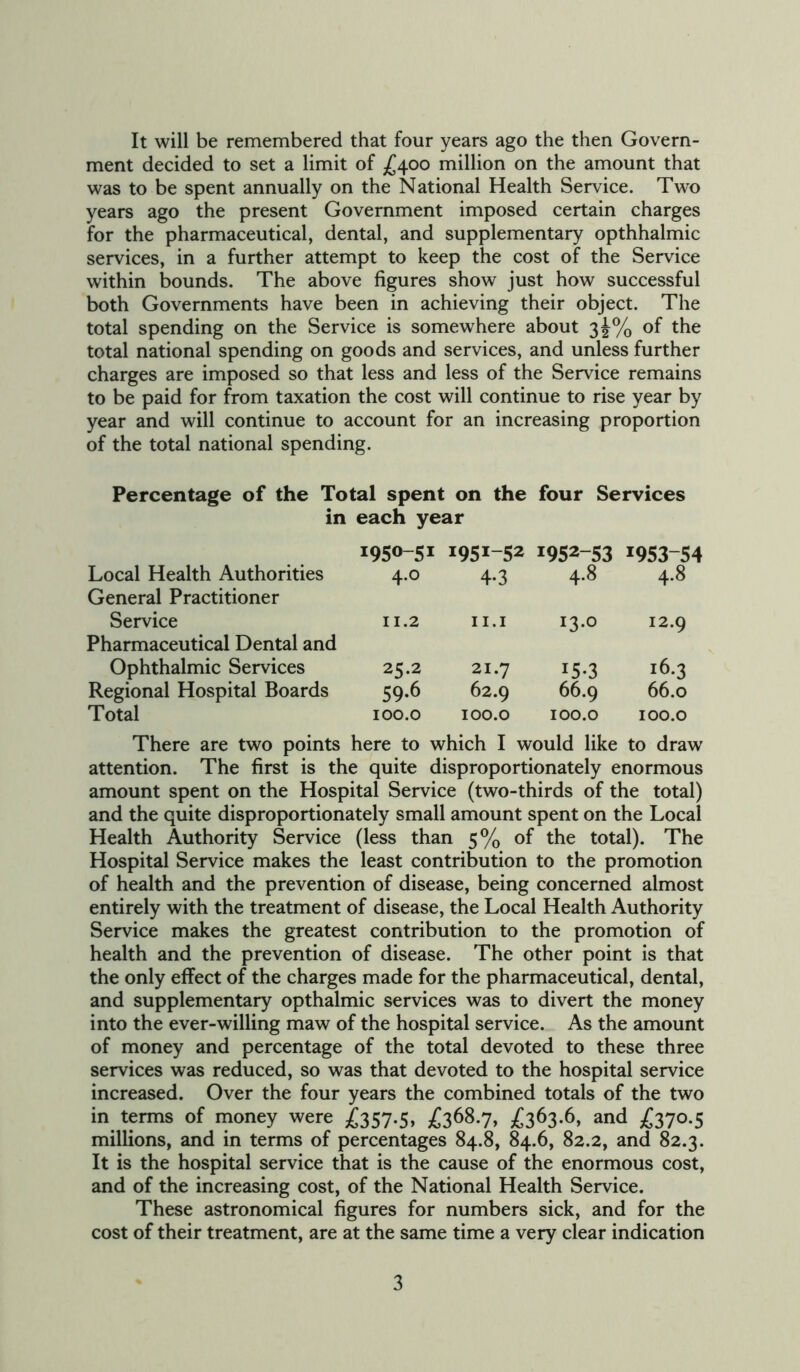 It will be remembered that four years ago the then Govern- ment decided to set a limit of £400 million on the amount that was to be spent annually on the National Health Service. Two years ago the present Government imposed certain charges for the pharmaceutical, dental, and supplementary opthhalmic services, in a further attempt to keep the cost of the Service within bounds. The above figures show just how successful both Governments have been in achieving their object. The total spending on the Service is somewhere about 2>k% °f the total national spending on goods and services, and unless further charges are imposed so that less and less of the Service remains to be paid for from taxation the cost will continue to rise year by year and will continue to account for an increasing proportion of the total national spending. Percentage of the Total spent on the four Services in each year I950-5I 1951-52 1952-53 1953-54 Local Health Authorities General Practitioner 4.0 4-3 4.8 4.8 Service Pharmaceutical Dental and 11.2 11.1 13.0 12.9 Ophthalmic Services 25.2 21.7 15-3 16.3 Regional Hospital Boards 59.6 62.9 66.9 66.0 Total 100.0 100.0 100.0 100.0 There are two points here to which I would like to draw attention. The first is the quite disproportionately enormous amount spent on the Hospital Service (two-thirds of the total) and the quite disproportionately small amount spent on the Local Health Authority Service (less than 5% of the total). The Hospital Service makes the least contribution to the promotion of health and the prevention of disease, being concerned almost entirely with the treatment of disease, the Local Health Authority Service makes the greatest contribution to the promotion of health and the prevention of disease. The other point is that the only effect of the charges made for the pharmaceutical, dental, and supplementary opthalmic services was to divert the money into the ever-willing maw of the hospital service. As the amount of money and percentage of the total devoted to these three services was reduced, so was that devoted to the hospital service increased. Over the four years the combined totals of the two in terms of money were £357.5, £368*7> £363-6> and £37°-5 millions, and in terms of percentages 84.8, 84.6, 82.2, and 82.3. It is the hospital service that is the cause of the enormous cost, and of the increasing cost, of the National Health Service. These astronomical figures for numbers sick, and for the cost of their treatment, are at the same time a very clear indication