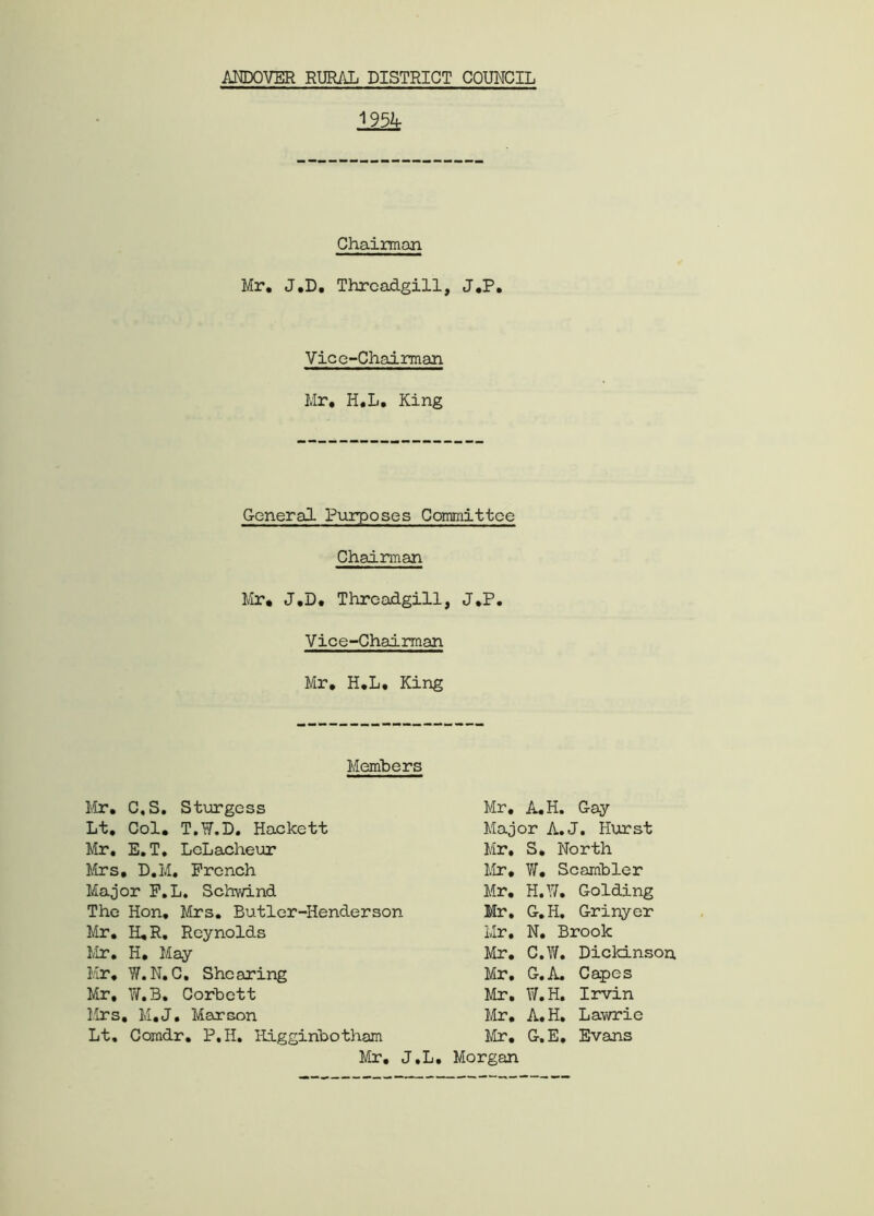 1954 Chairmon Mr. J.D. Thrcadgill, J.P. Vice-Chairman Mr. H.L. King General Purposes Committee Chairman Mr. J.D. Thrcadgill, J.P. Vice-Chairman Mr. H.L, King Members Mr. C.S. Sturgess Lt. Col. T.F.D. Hackett Mr, E.T. LcLacheur Firs, D.M. French Major F.L. Schwind The Hon. Mrs. Butler-Henderson Mr. H. R. Reynolds Mr. H. May Mr. W.N. C. Shearing Mr, W.B. Corbett Mrs. M.J. Marson Lt. Comdr. P.H. Higginbotham Mr. A.H. Gay Major A.J. Hurst Mr. S* North Mr. W. Scambler Mr. H.YA Golding Mr. G.H, Grinyer Mr. N. Brook Mr. C.W. Dickinson Mr. G.A. Capes Mr. W.H. Irvin Mr. A.H. Lawrie Mr. G.E, Evans Mr. J.L. Morgan