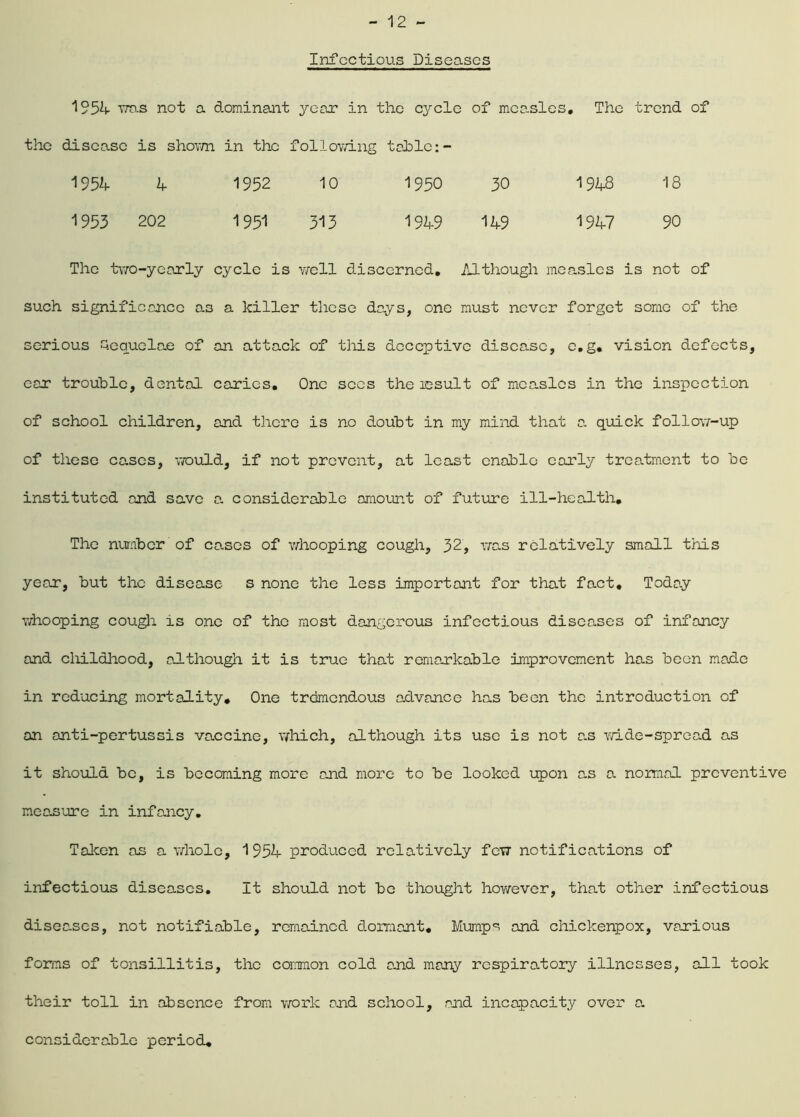 Infectious Diseases 1954 was not a dominant year in the cj^clc of measles. The trend of the disease is shown in the following table:- 1954 4 1952 10 1950 30 1948 18 1953 202 1951 313 1949 149 1947 90 The two-yearly cycle is well discerned. Although measles is not of such significance as a killer these days, one must never forget some of the serious Sequelae of an attack of this deceptive disease, e.g, vision defects, ear trouble, dental caries. One secs the lesult of measles in the inspection of school children, and there is no doubt in my mind that a quick follow-up of these cases, would, if not prevent, at least enable early treatment to be instituted and save a considerable amount of future ill-health. The number of cases of whooping cough, 32, was relatively small this year, but the disease s none the less important for that fact. Today whooping cough is one of the most dangerous infectious diseases of infancy and childhood, although it is true that remarkable improvement has been made in reducing mortaiity. One tremendous advance has been the introduction of an anti-pertussis vaccine, which, although its use is not a.s wide-spread as it should be, is becoming more and more to be looked upon as a normal preventive measure in infancy. Taken an a whole, 1954 produced relatively few notifications of infectious diseases. It should not bo thought however, that other infectious diseases, not notifiable, remained dormant, Mump'; and chickenpox, various forms of tonsillitis, the common cold and many respiratory illnesses, all took their toll in absence from work and school, and incapacity over a. considerable period.