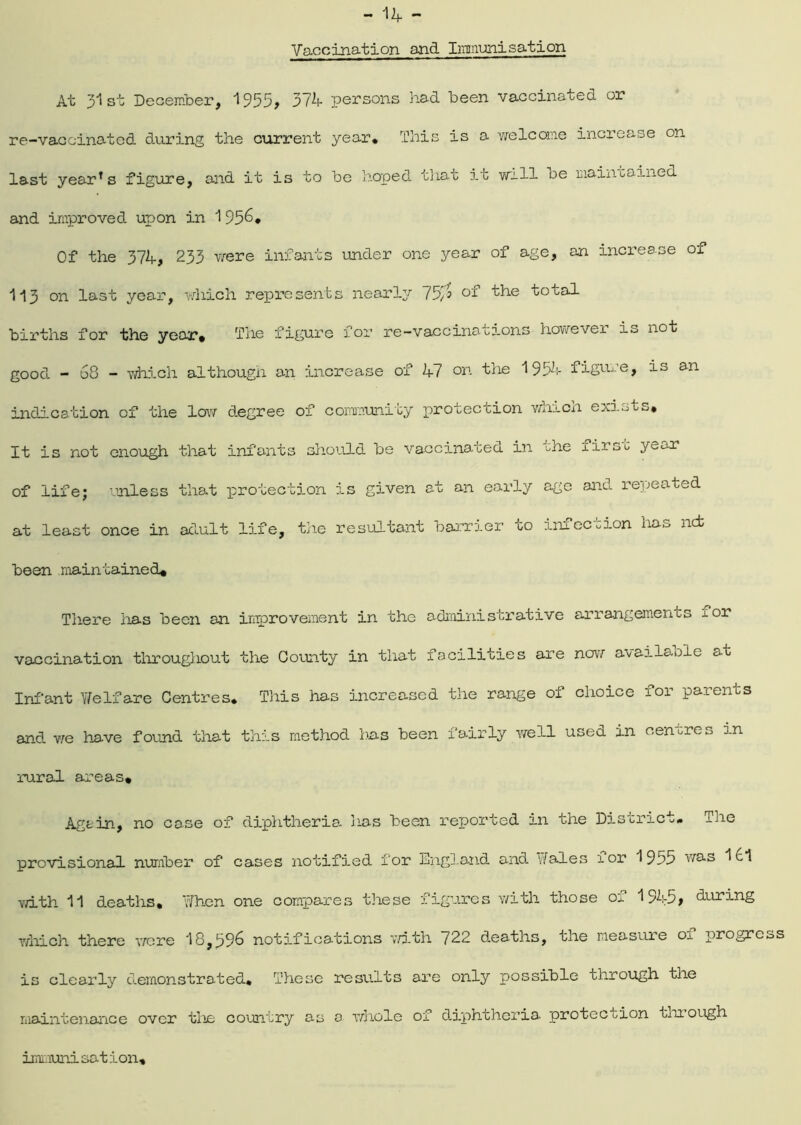 Vaccination and Immunisation At 3^ st December, 1955? 371 persons had been vaccinated or re-vaccinated during the current year* This is a welcome increase on last yearT s figure, and it is to be hoped that it will oe maintained and improved, upon in 1 956* Of the 37If, 233 were infants under one year of age, an increase of 113 on last year, which represents nearly 75$ °f the total births for the year. The figure for re-vaccinations however is not good. - 68 - which although an increase of 17 on the 1951 figure, is an indication of the low degree of community protection which exists. It is not enough that infants should be vaccinated in the first year of life; unless that protection is given at an early age and. repeated at least once in adult life, the resultant barrier to infection has net been maintained. There lias been an improvement in the administrative arrangements a.or vaccination throughout the County in that facilities are now available at Infant Yfelfare Centres. This has increased the range of choice for parents and we have found that this method has been fairly well used in centres in rural areas* Again, no case of diphtheria lias been reported in the District* The provisional number of cases notified for England and. dales xor 1955 was 161 with 11 deaths, When one compares these figures with those oi 196-5> during which there were 18,596 notifications with 722 d.eaths, the measure o± progicos is clearly d.emonstrated* These results are only possible through the maintenance over the country as o whole of diphtheria protection tmough immuni sat ion.