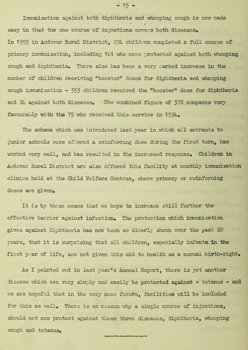 Immunisation against both diphtheria and -whooping cough is now made easy in that the one course of injections covers both diseases. In 1955 in Andover Rural District, 234 children completed a full course of primary immunisation, including 141 who were protected against both v/hooping cough and diphtheria. There also has been a very marked increase in the number of children receiving booster doses for diphtheria and whooping cough immunisation - 353 children received the booster dose for diphtheria and 24 against both diseases. The combined figure of 378 compares very favourably with the 75 who received this service in 1954# The scheme which was introduced last year in which all entrants to junior schools were offered a reinforcing dose during the first term, has worked very well, and has resulted in the increased response. Children in Andover Rural District are also offered this facility at monthly immunisation clinics held at the Child YYelfare Centres, where primary or reinforcing doses are given. It is by these means that we hope to increase still further the effective barrier against infection. The protection which immunisation gives against diphtheria has now been so clearly shown over the past 20 years, that it is surprising that all children, especially infants, in the first year of life, are not given this aid to health as a normal birth-right. As I pointed out in last year’s Annual Report, there is yet another disease which can very simply and easily be protected against - tetanus - and we are hopeful that in the very near future, facilities will be included for this as well. There is no reason why a single course of injections, should not now protect against these three diseases, diphtheria, whooping cough and tetanus.