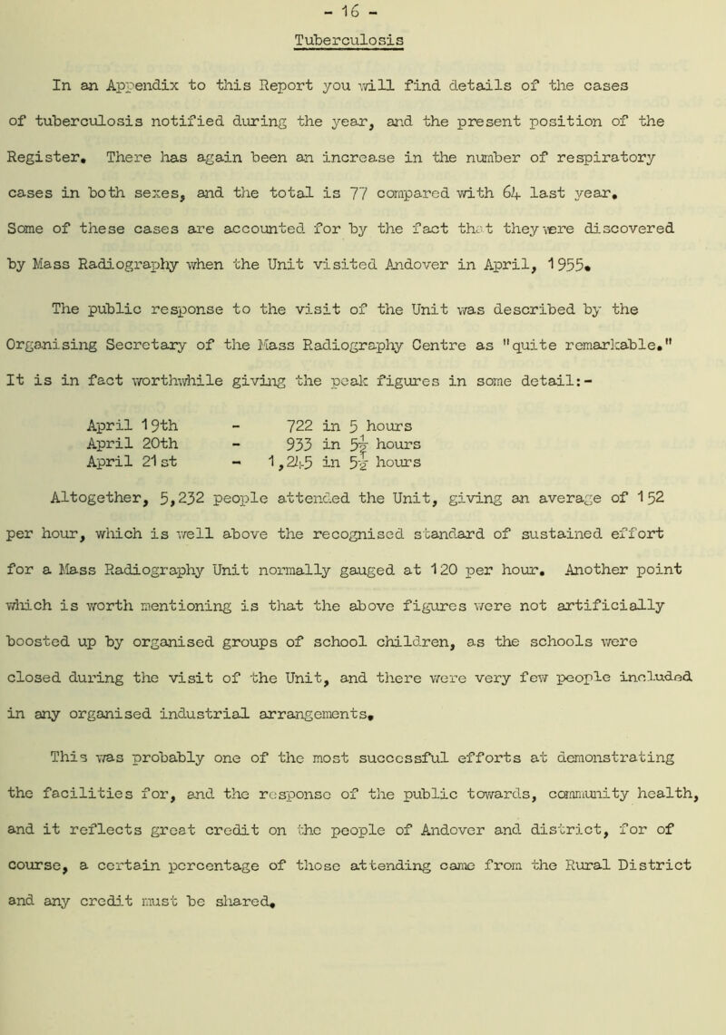 Tuberculosis In an Appendix to this Report you will find details of the cases of tuberculosis notified during the year, and the present position of the Register. There has again been an increase in the number of respiratory cases in both sexes, and the total is 77 compared with 6if last year. Some of these cases are accounted, for by the fact that theyvere discovered by Mass Radiography when the Unit visited Andover in April, 1955* The public response to the visit of the Unit was described by the Organising Secretary of the Mass Radiography Centre as quite remarkable# It is in fact worthwhile giving the peak figures in some detail:- April 19th - 722 in 5 hours April 20th - 933 in fy? hours April 21st - 1, 2M5 in 52 hours Altogether, 5»232 people attended the Unit, giving an average of 152 per hour, which is well above the recognised standard of sustained effort for a Mass Radiography Unit normally gauged at 120 per hour. Another point which is worth mentioning is that the above figures were not artificially boosted up by organised groups of school child.ren, as the schools were closed during the visit of the Unit, and there were very few people included in any organised industrial arrangements# This was probably one of the most successful efforts at demonstrating the facilities for, and the response of the public towards, community health, and it reflects great credit on the people of Andover and. district, for of course, a certain percentage of those attending came from the Rural District and any credit must be shared.