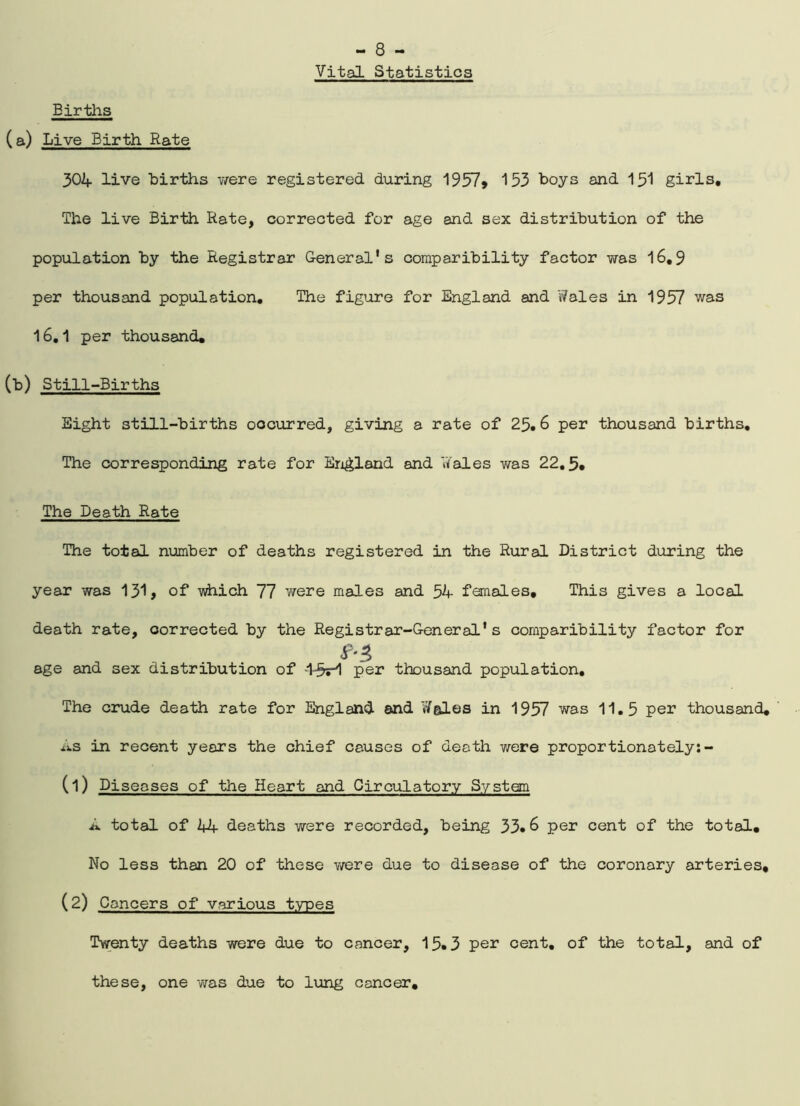 Vital Statistics Births (a) Live Birth Rate 304 live births were registered during 1957* 153 boys and 151 girls. The live Birth Rate, corrected for age and sex distribution of the population by the Registrar General's comparibility factor was 16.9 per thousand population. The figure for England and Wales in 1957 was 16.1 per thousand. (b) Still-Births Eight still-births occurred, giving a rate of 23.6 per thousand births. The corresponding rate for England and Wales was 22.5. The Death Rate The total number of deaths registered in the Rural District during the year was 131, of which 77 were males and 54 females. This gives a local death rate, corrected by the Registrar-General's comparibility factor for age and sex distribution of 1-5r1 per thousand population. The crude death rate for England and Wales in 1957 was 11.5 per thousand. As in recent years the chief causes of death v/ere proportionately:- (1) Diseases of the Heart and Circulatory System A total of 44 deaths were recorded, being 33.6 per cent of the total. No less than 20 of these v/ere due to disease of the coronary arteries, (2) Cancers of various types Twenty deaths were due to cancer, 15.3 per cent, of the total, and of these, one was due to lung cancer.
