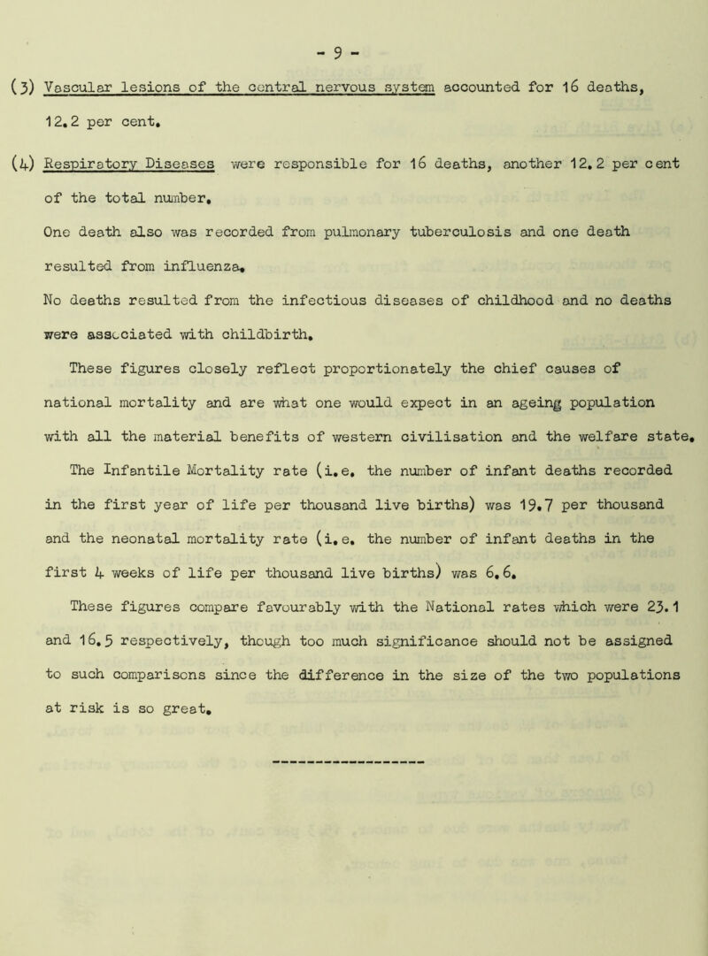 (3) Vascular lesions of the central nervous system accounted for 16 deaths, 12.2 per cent, (4) Respiratory Diseases were responsible for 16 deaths, another 12.2 per cent of the total number. One death also was recorded from pulmonary tuberculosis and one death resulted from influenza. No deaths resulted from the infectious diseases of childhood and no deaths were associated with childbirth. These figures closely reflect proportionately the chief causes of national mortality and are what one would expect in an ageing population with all the material benefits of western civilisation and the welfare state. The Infantile Mortality rate (i.e, the number of infant deaths recorded in the first year of life per thousand live births) was 19» 7 per thousand and the neonatal mortality rate (i,e. the number of infant deaths in the first k- weeks of life per thousand live births) was 6.6. These figures compare favourably with the National rates which were 23.1 and 16.5 respectively, though too much significance should not be assigned to such comparisons since the difference in the size of the two populations at risk is so great.