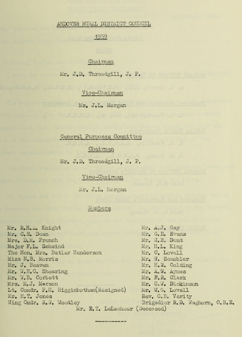 1959 Chairman Mr. J.D. Threadgill, J. P. V ice~Chairman Mr. J.L. Morgan General Purposes Committee Chai.rm.an Mr. J.D. Threadgill, J. P. Vine-Chairman Mr, J.L, Morgan Members Mr. R.H.it. Knight Mr. C. S. Dean Mrs. D.M. French Major F.L. Schwind The Hon. Mrs. Butler Henderson Miss N.B. Morris Mr. J. Beaven Mr, 7/.N.C. Shearing Mr. 77. B. Corbett Mrs. M.J. Marson Lt. Comdr. P.K. Higgihbotham( Re signed) Mr. H.T. Jones Wing Cmdr. R,77, Woodley Mr0 E. T. LeLachour Mr. .a, J. Gay Mr. G. E. Evans Mr. J. 2, Dent Mr. H.L. King Mr. C, Lovell Mr. W, Scambler Mr. H.W. Golding Mr. A.W, Aymes Mr, F. R. Clark Mr. C.77, Dickinson Mr. 77. G. Lovell Rev. C.B, Verity Brigadier R, D. Waghom, (Deceased) C.B.E.