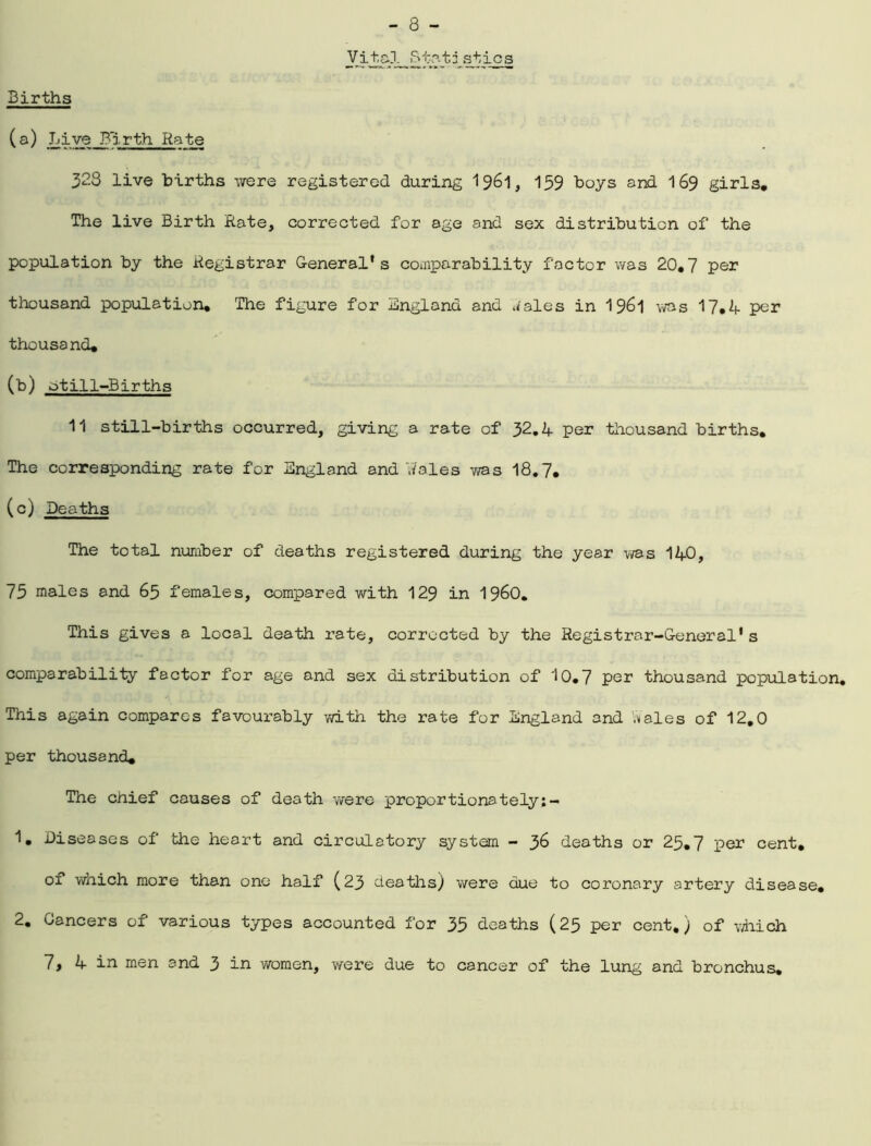 Vital Strata sties Births (a) hive _Firth Rate 323 live births were registered during 1961, 159 boys and 169 girls. The live Birth Rate, corrected for age and sex distribution of the population by the Registrar General's comparability factor was 20.7 per thousand population. The figure for England and .Vales in 1961 was 17.4 per thousand. (b) Still-Births 11 still-births occurred, giving a rate of 32.4 per thousand births. The corresponding rate for England and 7/ales was 18.7. (c) Deaths The total number of deaths registered during the year was 140, 75 males and 65 females, compared with 129 in i960. This gives a local death rate, corrected by the Registrar-General's comparability factor for age and sex distribution of 10.7 per thousand population. This again compares favourably with the rate for England and Wales of 12.0 per thousand. The chief causes of death were proportionstely:- 1. Diseases of the heart and circulatory system - 36 deaths or 25.7 per cent. 01 which more than one half (23 deaths) were due to coronary artery disease. 2, Cancers of various types accounted for 35 deaths (25 per cent.) of which 7, 4 in men and 3 in women, were due to cancer of the lung and bronchus.