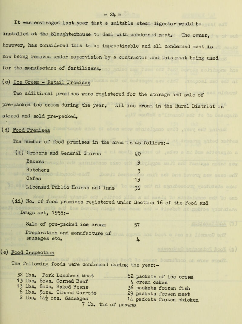 - 22, - It was envisaged last year that a suitable steam digestor would be installed at the Slaughterhouse to deal with condemned meat. The owner, however, has considered this to be impracticable and all condemned meat is now being removed under supervision by a contractor and this meat being used for the manufacture of fertilizers* (c) Ice Cream - Retail Promises Two additional premises were registered for the storage and sale of pre-packed ice cream during the year. All ice cream in the dural District is stored and sold pre-packed. (d) Pood Premises The number of food premises in the area is as follows: - (i) Grocers and General Stores 40 Bakers 9 Butchers 3 Cafes 13 Licensed Public Houses and Inns 36 (ii) No. of food premises registered under Section 16 of the Pood and Drugs ii.ct, 1955:- Sale of pre-packed ice cream 57 Preparation and manufacture of sausages etc. 4 (e) Pood Inspection The following foods were condemned during the year:- 32 lbs. Pork Luncheon Meat 13 lbs. 8ozs, Corned Beef 13 lbs. 8ozs. Baked Beans 6 lbs, 5ozs. Tinned Carrots 2 lbs. I42 ozs. Sausages 7 lb. 82 packets of ice cream 4 cream cakes 36 packets frozen fish 29 packets frozen meat 14 packets frozen chicken tin of prawns