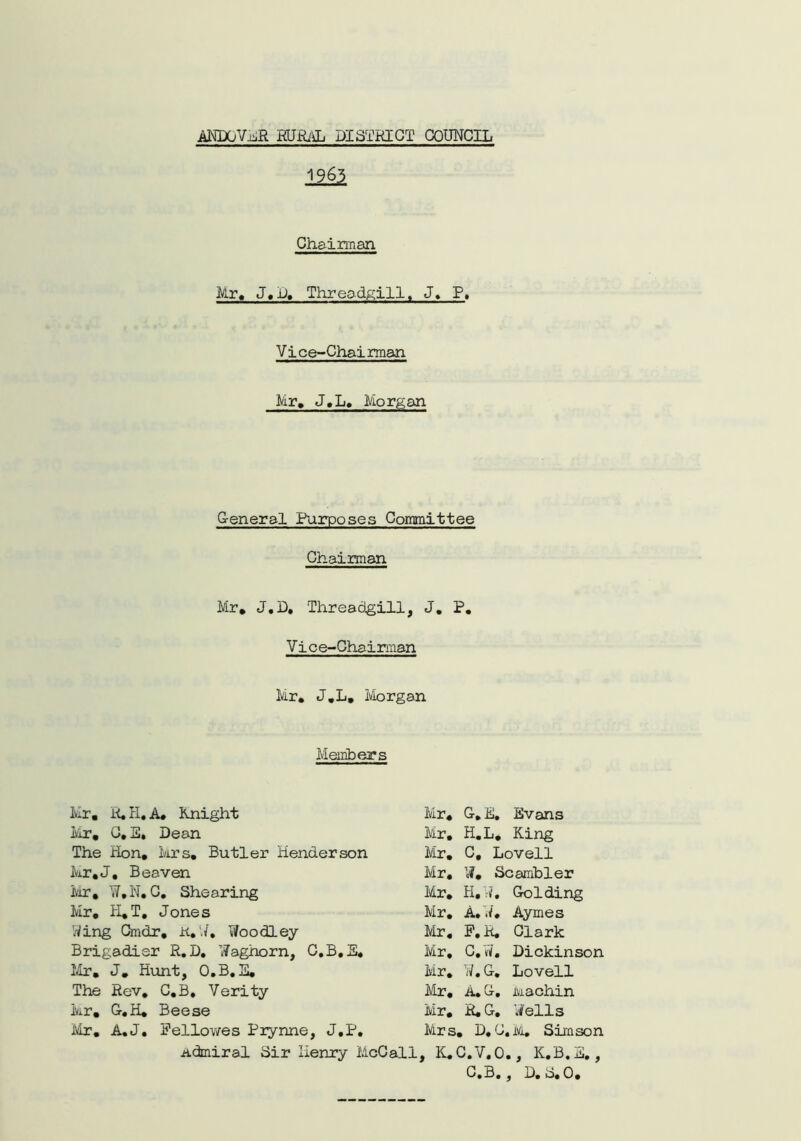 1963 Chairman Mr, J, D, Threadgill, J. P. V i ce-Chai man Mr, J.L. Morgan General Purposes Committee Chairman Mr, J,D, Threadgill, J, P. Vice-Chairman Mr, J,L, Morgan Members Mr, R. II, A, Knight Mr, C, E, Dean The Hon, Mrs, Butler Henderson Mr,J, Beaven jvir, ¥.N. G, Shearing Mr, H.T. Jones Wing Cmdr, K, W, Woodley Brigadier R.D. Waghorn, C.B.S, Mr, J, Hunt, O.B. E, The Rev, C.B, Verity Mr, G.H, Beese Mr, A.J, Fellowes Piynne, J.P, Admiral Sir Henry McCall G, E. Evans H. L, King C, Lovell W, Sc ambler H,vf, Golding Aymes Clark Dickinson Lovell Machin Wells Mr, Mr, Mr, Mr. Mr, Mr. Mr. Mr, Mr. Mr. Mr. Mrs. D.C.M, Simson , K.C.V.O., K.B.E., C.B,, D. S. 0. A. W, F.R. C.W. W.G. A* G. R*G.