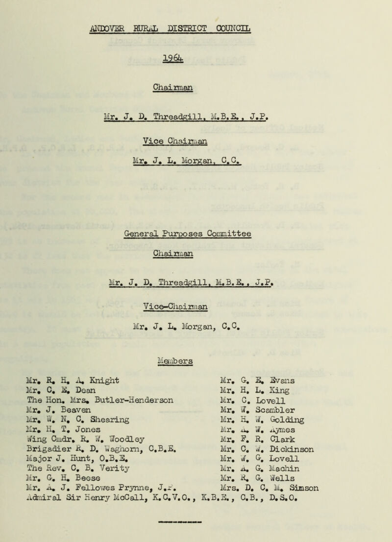 1264 Chairman Hr, J. D. Threadgill, M.B.S.. J.P. Vice Chairman Mr. J. L. Morgan, C.C. General Pur-poses Committee Chairman Mr. J, D. Threadgill. M.B.E.. J.P, Vice-Chairman Mr. J. L. Morgan, C.C. Members Mr. R. H. A. Knight Mr. C. ]£. Dean The Hon. Mrs. Butler-Henderson Mr. J. Beaven Mr. ff. N. C. Shearing Mr. H, T. Jones Wing Cmdr. R. W. Woodley Brigadier R. D. Waghom, C.B.E. Major J. Hunt, O.3.E. The Rev. C, B. Verity Mr. G. H. Beese Mr. A. J. Fellovres Prynne, J.r. Admiral Sir Henry McCall, K. C.V.O,, Mrs. D. C. M. Sim son K.B.B., C.B., D.S.O. Mr. G. E. Evans Mr. H, L. King Mr. C. Lovell Mr. J. G, Lovell Mr. A. G. Machin Mr. R, G. Wells Mr. W. Scambler Mr. H. W, Golding Mr. Ai. W. nymes Mr. F. R. Clark Mr. C. Dickinson