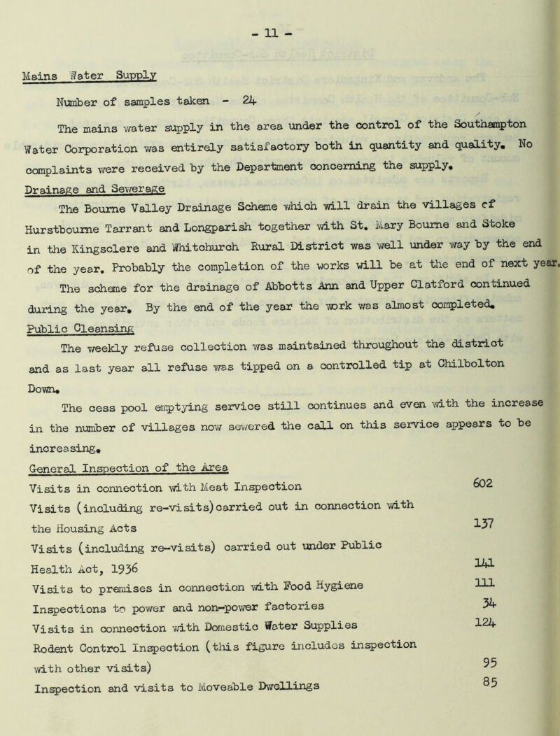 Mains :7 a ter Supply Number of samples taken - 24 The mains v/ater supply in the area under the control of the Southampton Water Corporation was entirely satisfactory both in quantity and quality. No complaints were received by the Department concerning the supply* Drainage and Sewerage The Bourne Valley Drainage Scheme which will drain the villages cf Hurstboume Tarrant and Longparish together vdth St. Mary Bourne and Stoke in the Kingsclere and Whitchurch Rural District was well under way by the end of the year. Probably the completion of the works will be at the end of next year. The scheme for the drainage of Abbott s Ann and Upper Clatford continued during the year* By the end of the year the urork was almost coropleted. Public Cleansing The weekly refuse collection was maintained throughout the district and as last year all refuse was tipped on a controlled tip at Chilbolton Down* The cess pool emptying service still continues and even with the increase in the number of villages now sewered the call on this service appears to be increasing, Ceneral Inspection of the Area Visits in connection with Meat Inspection Visits (including re-visits)carried out in connection with the Housing Acts Visits (including re-visits) carried out under Public Health Act, 1936 Visits to premises in connection with Pood Hygiene Inspections to power and non—pov/er factories Visits in connection v/ith Domestic Water Supplies Rodent Control Inspection (this figure includes inspection with other visits) Inspection and visits to Moveable Dwellings 602 137 12*1 111 34 124 95 85