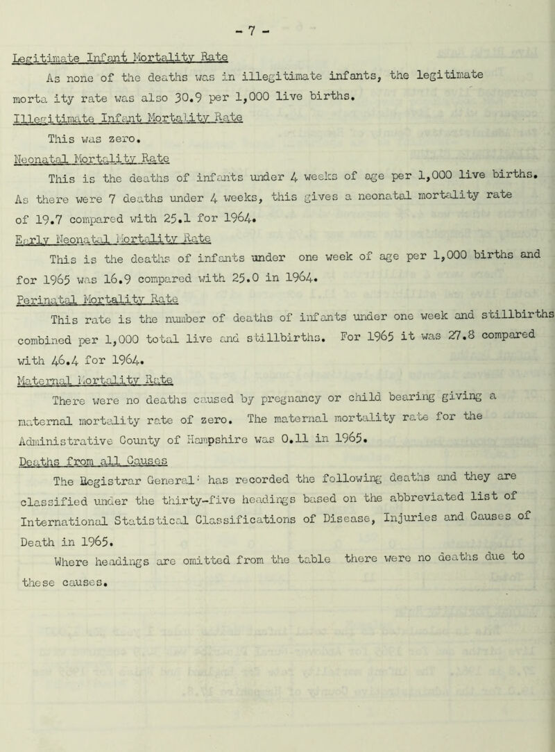 Legitimate Infant Mortality Rate As none of the deaths was in illegitimate infants, the legitimate morta ity rate was also 30.9 per 1,000 live births. Illegitimate Infant Mortality Rate This was zero. Neonatal Mortality Rate This is the deaths of infants under 4 weeks of age per 1,000 live births. As there were 7 deaths under 4 weeks, this gives a neonatal mortality rate of 19.7 compared with 25.1 for 19o4» Enrlv Neonatal mortality Rate This is the deaths of infants under one week of age per 1,000 births and for 1965 was 16.9 compared with 25.0 in 1964* Perinatal Mortality Rato This rate is the number of deaths of infants under one week and stillbirths combined per 1,000 total live and stillbirths. For 1965 it was 27.8 compared with 46.4 for 1964. Maternal mortality Rate There were no deaths caused by pregnancy or child bearing giving a maternal mortality rate of zero. The maternal mortality rate for the Administrative County of Hampshire was 0.11 in 1965. The Registrar General' has recorded the following classified under the thirty-five headings based on the deaths and they are abbreviated list of International Statistical Glassifications of Disease, Injuries and Causes of Death in 1965. Where headings are omitted from the table there were no deaths due to these causes.