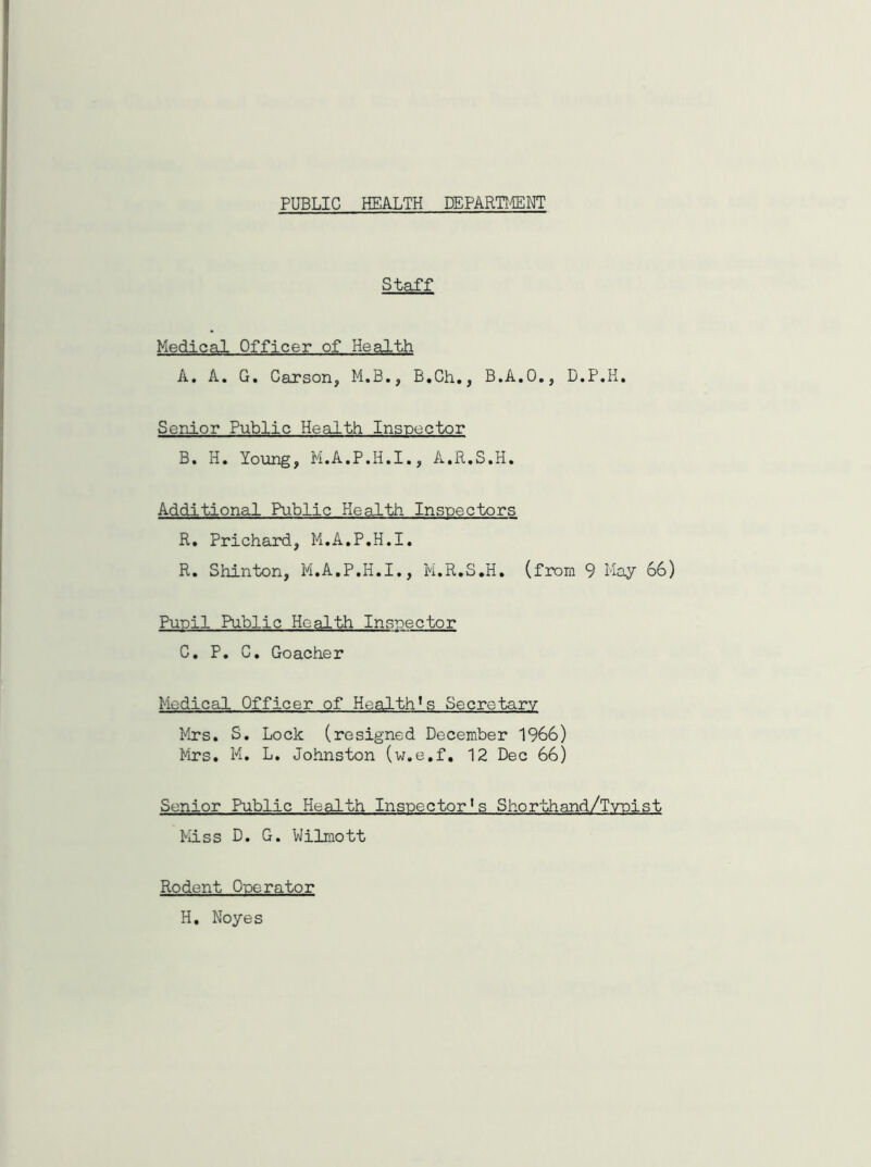 PUBLIC HEALTH DEPARTMENT Staff Medical Officer of Health A. A. G. Carson, M.B., B.Ch., B.A.O., D.P.H. Senior Public Health Inspector B. H. Young, M.A.P.H.I., A.R.S.H. Additional Public Health Inspectors R. Prichard, M.A.P.H.I. R. Shinton, M.A.P.H.I., M.R.S.H. (from 9 May 66) Pupil Public Health Inspector C. P. C. Goacher Medical Officer of Health’s Secretary Mrs. S. Lock (resigned December 1966) Mrs. M. L. Johnston (w.e.f. 12 Dec 66) Senior Public Health Inspector's Shorthand/Typist Miss D. G. Wilmott Rodent Operator H. Noyes