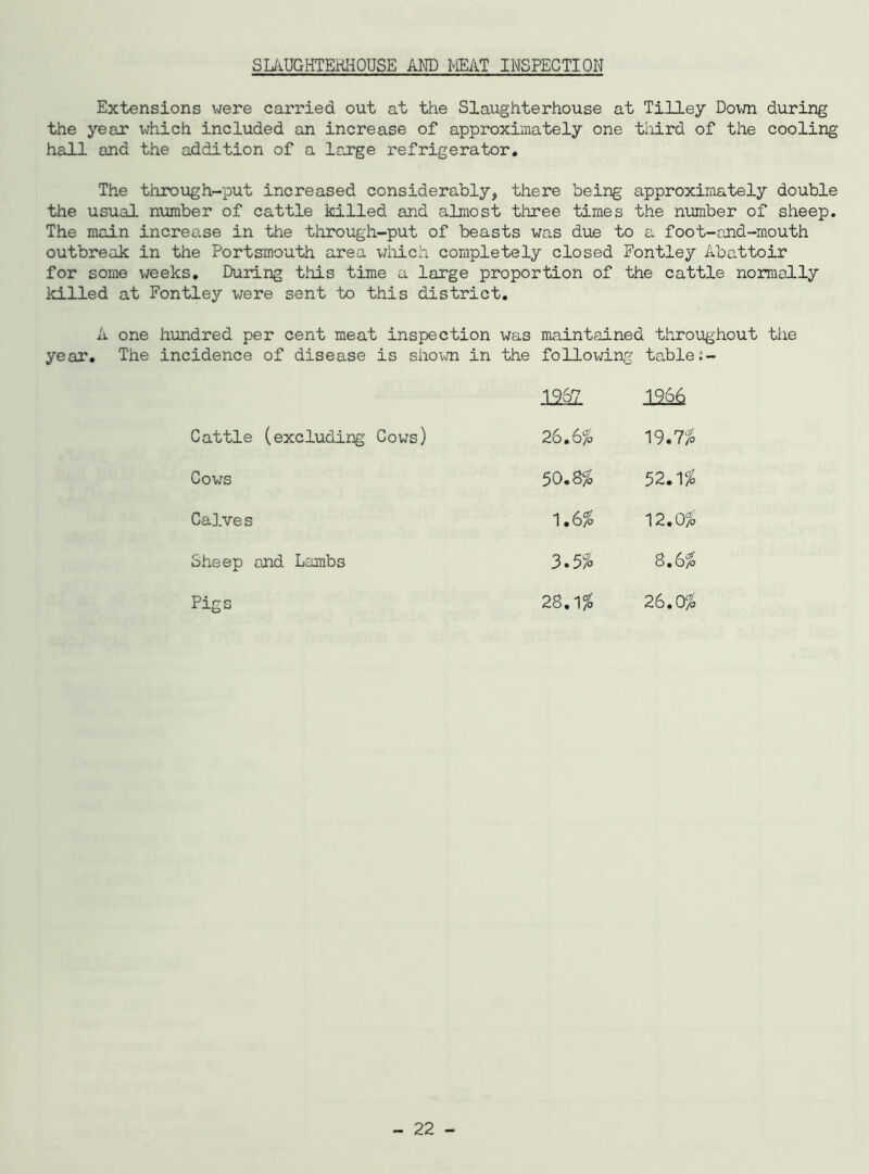 SLAUGHTERHOUSE AMD MEAT INSPECTION Extensions were carried out at the Slaughterhouse at Tilley Down during the year which included an increase of approximately one third of the cooling hall and the addition of a large refrigerator. The through-put increased considerably, there being approximately double the usual number of cattle killed and almost three times the number of sheep. The main increase in the through-put of beasts was due to a foot-and-mouth outbreak in the Portsmouth area which, completely closed Fontley Abattoir for some weeks. During this time a large proportion of the cattle normally killed at Fontley were sent to this district. A one hundred per cent meat inspection was maintained throughout the year. The incidence of disease is shown in the following table 12ft 12& Cattle (excluding Cows) 26.6% 19.7/6 Cows 50.8% 52.1 % Calves 1.656 12.0% Sheep and Lambs 3.556 8.6/0 Pigs 28.156 26.0%