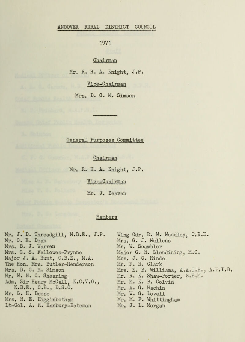 1971 Chairman Mr. R. H. A.. Knight, J.P. Vice-Chairman Mrs. D. C. M. Simson General Purposes Committee Chairman Mr. R. H. A. Knight, J.P. Vice-Chairman Mr. J. Beaven Members Mr. J. D. Threadgill, M.B.E., J.P. Mr. C. E. Dean Mrs. B. J. Warren Mrs. G. S. Fellowes-Prynne Major J. A. Hunt, O.B.E., M.A. The Hon. Mrs. Butler-Henderson Mrs. D. G. M. Simson Mr. W. N. C. Shearing Adm. Sir Henry McCall, K.C.V.O., K.B.E., C.3., D.S.O. Mr. G. H. Beese Mrs. N. E. Higginbotham Lt-Col. A. R. Hanbury-Bateman Wing Cdr. R. W. Woodley, C.B.E. Mrs. G. J. Mullens Mr. W. Scambler Major G. N. Glendining, M.C. Mrs. J. C. Hinde Mr. F. R. Clark Mrs. E. B. Williams, A.A.I.B., A.F.I.B. Mr. R. K. Shaw-Porter, B.E.M. Mr. M. K. B. Colvin Mr. A. G. Machin Mr. W. G. Lovell Mr. M. F. Whittingham Mr. J. L. Morgan