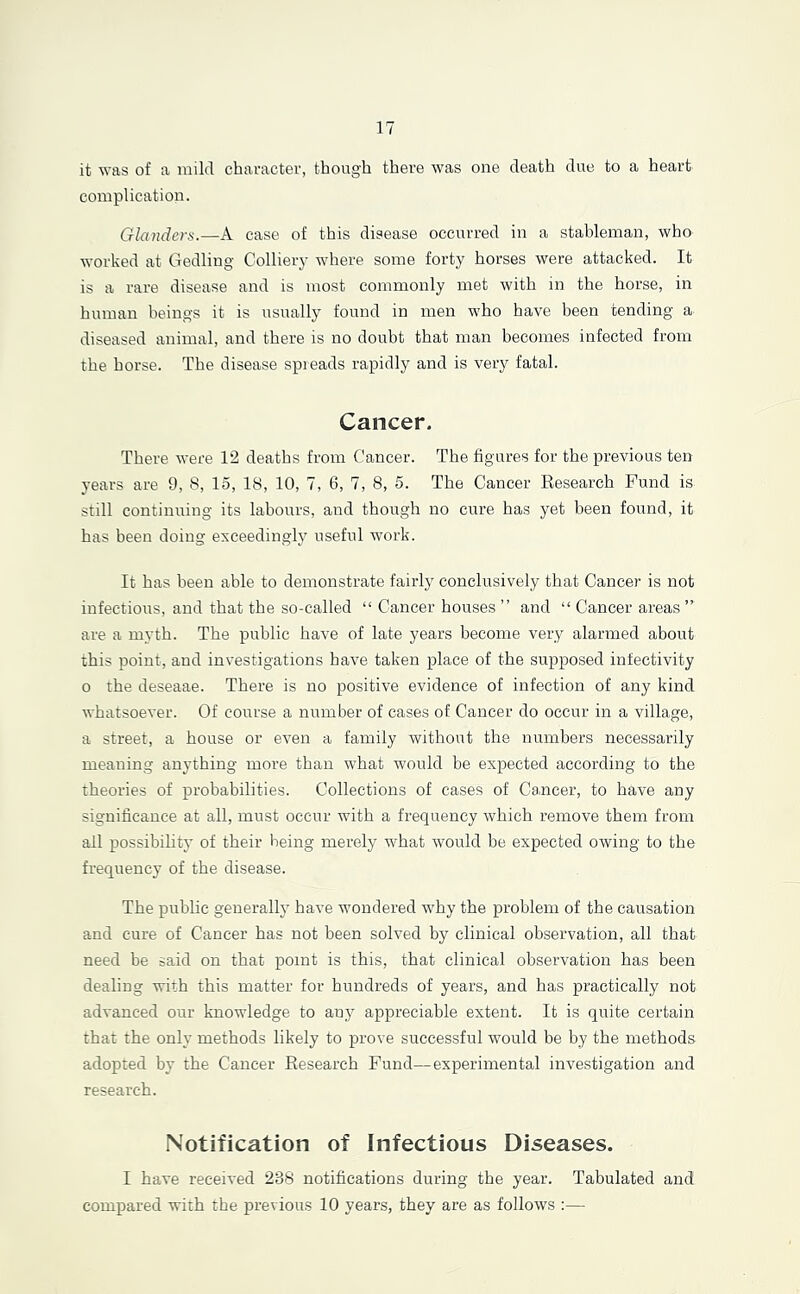 it was of a mild character, though there was one death due to a heart complication. Glaiiders.—A case of this disease occurred in a stableman, who worked at Gedling Colliery where some forty horses were attacked. It is a rare disease and is most commonly met with in the horse, in human beings it is usually found in men who have been tending a diseased animal, and there is no doubt that man becomes infected from the horse. The disease spreads rapidly and is very fatal. Cancer. There were 12 deaths from Cancer. The figures for the previous ten years are 9, 8, lo, 18, 10, 7, 6, 7, 8, 5. The Cancer Research Fund is still continuing its labours, and though no cure has yet been found, it has been doing exceedingly useful work. It has been able to demonstrate fairly conclusively that Cancer is not infectious, and that the so-called “ Cancer houses ” and “ Cancer areas ” are a myth. The public have of late years become very alarmed about this point, and investigations have taken place of the supposed infectivity 0 the deseaae. There is no positive evidence of infection of any kind whatsoever. Of course a number of cases of Cancer do occur in a village, a street, a house or even a family without the numbers necessarily meaning anything more than what would be expected according to the theories of probabilities. Collections of cases of Ca,ncer, to have any significance at all, must occur with a frequency which remove them from all possibihtj' of their being merely what would be expected owing to the frequency of the disease. The public generally have wondered why the problem of the causation and cure of Cancer has not been solved by clinical observation, all that need be said on that point is this, that clinical observation has been dealing with this matter for hundreds of years, and has practically not advanced our knowledge to anj^ appreciable extent. It is quite certain that the only methods likely to prove successful would be by the methods adopted by the Cancer Research Fund—experimental investigation and research. Notification of Infectious Diseases. I have received 238 notifications during the year. Tabulated and compared with the previous 10 years, they are as follows :—