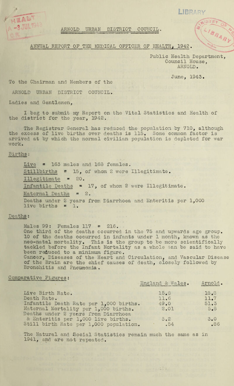 ARNOLD URBAN DISTRICT COUNCIL. LIBRARY ./-sjyv ANNUAL REPORT OF THE MEDICAL OFFICER OF HEALTHj 1942 Public Health Department, Council House, ARNOLD. June, 1943. To the Chairman and Members of the ARNOLD URBAN DISTRICT COUNCIL. Ladies and Gentlemen, I beg to submit my Report on the Vital Statistics and Health of the district for the year, 1942. The Registrar General has reduced the population by 710, although the excess of live births over deaths is 115. Some common factor Is arrived at by which the normal civilian population is depleted for war work. Births: Live = 163 males and 168 females. Stillbirths = 15, of whom 2 were Illegitimate. Illegitimate = 20. Infantile Deaths * 17, of whom 2 were Illegitimate. Maternal Deaths = 2„ Deaths under 2 years from Diarrhoea and Enteritis per 1,000 live births = 1. Deaths: Males 99: Females 117 = 216. One third of the deaths occurred in the 75 and upwards age group. 10 of the deaths occurred in Infants under 1 month, known as the neo-natal mortality. This is the group to be more scientifically tackled before the Infant Mortality as a whole can be said to have been reduced to a minimum figure. Cancer, Diseases of the Heart and Circulation, and Vascular Disease of the Brain are the chief causes of death, closely'followed by Bronchitis and Pneumonia. Comparative Figures: England & Wales • Arnold. Live Birth Rate. 15.3 18.8 Death Rate. 11.6 11.7 Infantile Death Rate per 1,000 births. 49.0 51.3 Maternal Mortality per 1,000 births. 2.01 5.8 Deaths under 2 years from Diarrhoea & Enteritis per 1,000 live births. 5.2 3.0 Still birth Rate per 1,000 population. .54 .86 The Natural and Social Statistics remain much the same as in 1941, and are not repeated.