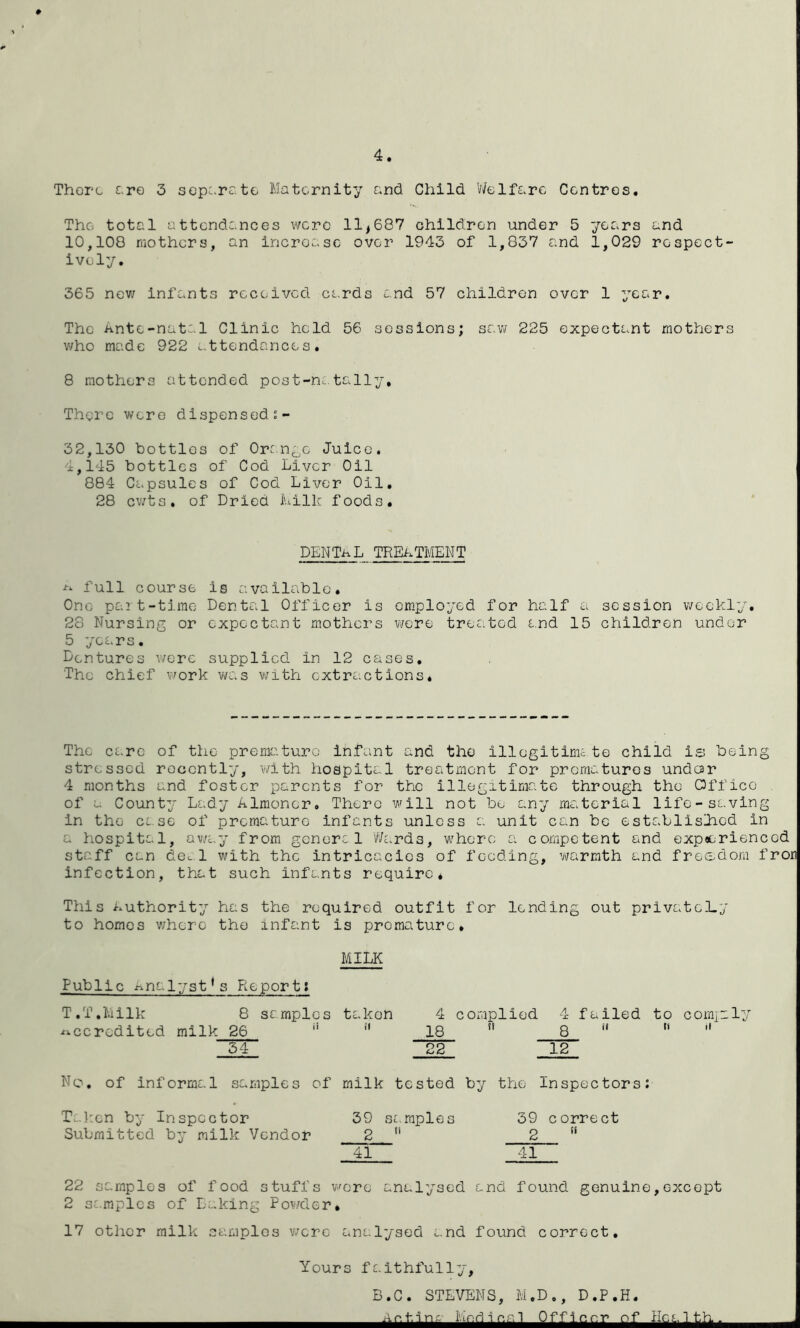 4 ♦ There are 3 separate Maternity and Child Welfare Centres. Thc7 total attendances were 11,687 children under 5 years and 10,100 mothers, an increase over 1943 of 1,837 and 1,029 respect- ively. 365 new infants received cards and 57 children over 1 year. The Ante-natal Clinic held 56 sessions; saw 225 expectant mothers who made 922 attendances. 8 mothers attended post-natally. There were dispensed :- 32,130 bottles of Orange Juice. 4,145 bottles of Cod Liver Oil 884 Capsules of Cod Liver Oil. 28 cwts. of Dried Milk foods. DENTAL TREATMENT ** full course is available. One part-time Dental Officer is employed for half a session weekly. 28 Nursing or expectant mothers were treated end 15 children under 5 years. Dentures were supplied in 12 cases. The chief work was with extractions. The care of the premature infant and the illegitinu te child is being stressed recently, with hospital treatment for prematures undcsr 4 months and foster parents for the illegitimate through the Office of a County Lady Almoner. There will not be any material life-saving in the case of premature infants unless a unit can be established in a hospital, away from genere1 Wards, where a competent and experienced staff can de. 1 with the intricacies of feeding, warmth and freedom fron infection, that such infants require* This Authority has the required outfit for lending out privateLy to homos where the infant is premature* MILK Public Analyses Report? T.T.Milk 8 samples takon 4 complied 4 failed to comply accredited milk 26  *' 18  8  “ '' 34 22 12 No. of informal samples of milk tested by the Inspectors: Taken by Inspector 39 samples 39 correct Submitted by milk Vendor 2  2 si 41 41 22 samples of food stuffs were analysed and found genuine,except 2 samples of Baking Powder* 17 other milk samples were analysed and found correct. Yours faithfully. B.C. STEVENS, M.D., D.P.H. Ar.i-.in; iunriir.,-1 Offlr.nr of Health