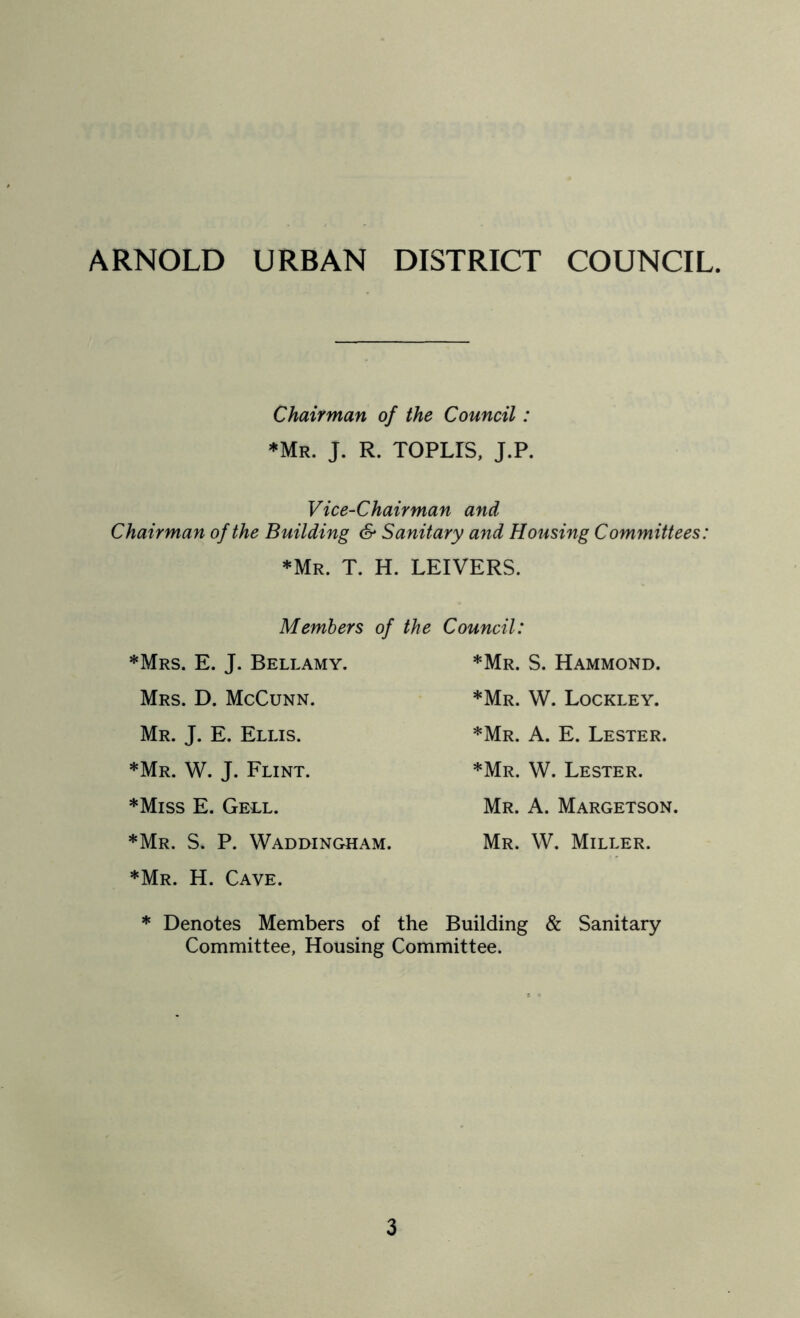 ARNOLD URBAN DISTRICT COUNCIL. Chairman of the Council: ♦Mr. J. R. TOPLIS, J.P. Vice-Chairman and Chairman of the Building & Sanitary and Housing Committees: ♦Mr. T. H. LEIVERS. Members of ♦Mrs. E. J. Bellamy. Mrs. D. McCunn. Mr. J. E. Ellis. ♦Mr. W. J. Flint. ♦Miss E. Gell. ♦Mr. S. P. Waddingham. ♦Mr. H. Cave. the Council: ♦Mr. S. Hammond. ♦Mr. W. Lockley. ♦Mr. A. E. Lester. ♦Mr. W. Lester. Mr. A. Margetson. Mr. W. Miller. ♦ Denotes Members of the Building & Sanitary Committee, Housing Committee.