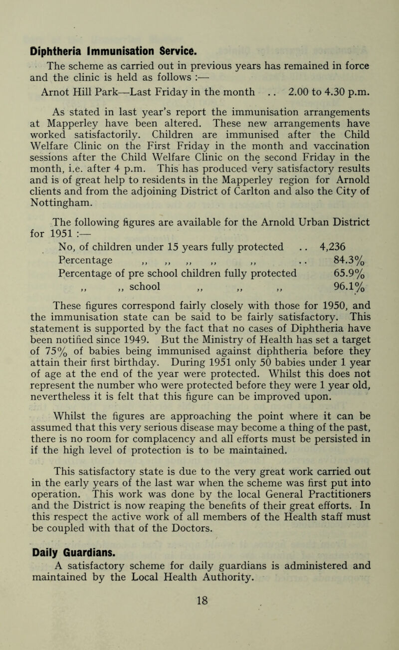 Diphtheria Immunisation Service. The scheme as carried out in previous years has remained in force and the clinic is held as follows :— Arnot Hill Park—Last Friday in the month .. 2.00 to 4.30 p.m. As stated in last year’s report the immunisation arrangements at Mapperley have been altered. These new arrangements have worked satisfactorily. Children are immunised after the Child Welfare Clinic on the First Friday in the month and vaccination sessions after the Child Welfare Clinic on the second Friday in the month, i.e. after 4 p.m. This has produced very satisfactory results and is of great help to residents in the Mapperley region for Arnold clients and from the adjoining District of Carlton and also the City of Nottingham. The following figures are available for the Arnold Urban District for 1951 :— No, of children under 15 years fully protected .. 4,236 Percentage ,, ,, ,, ,, ,, .. 84.3% Percentage of pre school children fully protected 65.9% ,, ,, school ,, ,, ,, 96.1% These figures correspond fairly closely with those for 1950, and the immunisation state can be said to be fairly satisfactory. This statement is supported by the fact that no cases of Diphtheria have been notified since 1949. But the Ministry of Health has set a target of 75% of babies being immunised against diphtheria before they attain their first birthday. During 1951 only 50 babies under 1 year of age at the end of the year were protected. Whilst this does not represent the number who were protected before they were 1 year old, nevertheless it is felt that this figure can be improved upon. Whilst the figures are approaching the point where it can be assumed that this very serious disease may become a thing of the past, there is no room for complacency and all efforts must be persisted in if the high level of protection is to be maintained. This satisfactory state is due to the very great work carried out in the early years of the last war when the scheme was first put into operation. This work was done by the local General Practitioners and the District is now reaping the benefits of their great efforts. In this respect the active work of all members of the Health staff must be coupled with that of the Doctors. Daily Guardians. A satisfactory scheme for daily guardians is administered and maintained by the Local Health Authority.