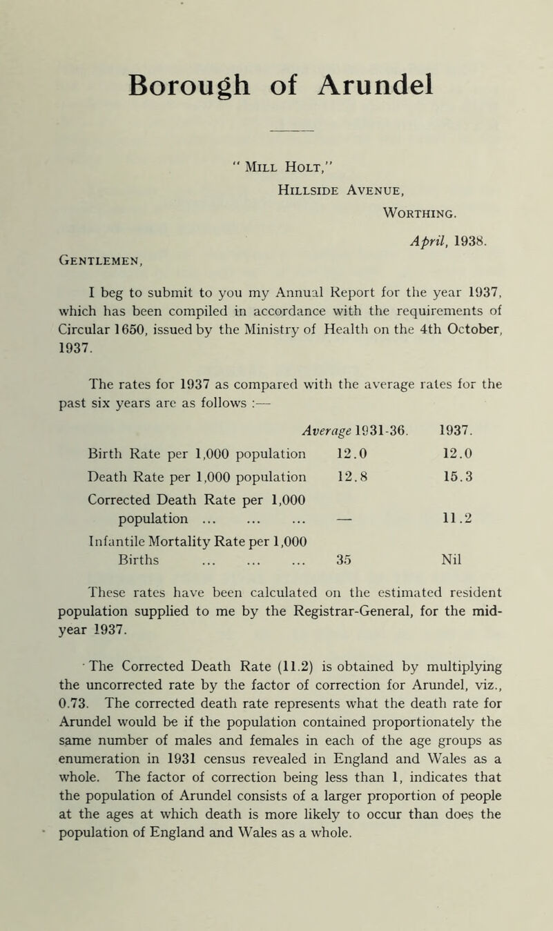 Gentlemen,  Mill Holt,” Hillside Avenue, Worthing. April, 1938. I beg to submit to you my Annual Report for the year 1937, which has been compiled in accordance with the requirements of Circular 1650, issued by the Ministry of Health on the 4th October, 1937. The rates for 1937 as compared with the average rates for the past six years are as follows :— Average 1931-36. 1937. Birth Rate per 1,000 population 12.0 12.0 Death Rate per 1,000 population 12.8 15.3 Corrected Death Rate per 1,000 population — 11.2 Infantile Mortality Rate per 1,000 Births 35 Nil These rates have been calculated on the estimated resident population supplied to me by the Registrar-General, for the mid- year 1937. The Corrected Death Rate (112) is obtained by multiplying the uncorrected rate by the factor of correction for Arundel, viz., 0.73. The corrected death rate represents what the death rate for Arundel would be if the population contained proportionately the same number of males and females in each of the age groups as enumeration in 1931 census revealed in England and Wales as a whole. The factor of correction being less than 1, indicates that the population of Arundel consists of a larger proportion of people at the ages at which death is more likely to occur than does the population of England and Wales as a whole.