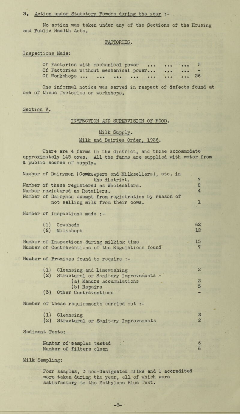 No action was taken under any of the Sections of the Housing and Public Health Acts. FACTORIES. Inspections Made: Of Factories with mechanical power ... 5 Of Factories without mechanical power 0 f VI ox k sh op s... ... ... ... ... ... * • * 26 One informal notice was served in respect of defects found at one of these factories or workshops. Section V, INSPECTION AND SUPERVISION OF FOOD. Milk Supply. Milk and Dairies Order, 1926. There are 4 farms in the district, and these accommodate approximately 145 cows. All the farms are supplied with water from a public source of supply. Number of Dairymen (CowKeopers and Milksellers), etc. in the district. 7 Number of these registered as Wholesalers. 2 Number registered as Retailers. 4 Number of Dairymen exempt from registration by reason of not selling milk from their cows. 1 Number of Inspections made (1) Cowsheds 62 (2) Milkshops 12 Number of Inspections during milking time 15 Number of Contraventions of th6 Regulations found 7 Number-of Premises found to require (1) Cleansing and Limewashing 2 (2) Structural or Sanitary Improvements - (a) Manure Accumulations 2 (b) Repairs 3 (3) Other Contraventions Number of these requirements carried out (1) Cleansing 2 (2) Structural or Sanitary Improvements 2 Sediment Tests: Number of samples tasted ■. ' 6 Number of filters clean 6 Milk Sampling: Four samples, 3 non-designated milks and 1 accredited were taken during the year, all of which were satisfactory to the Methylene Blue Test. -8*-