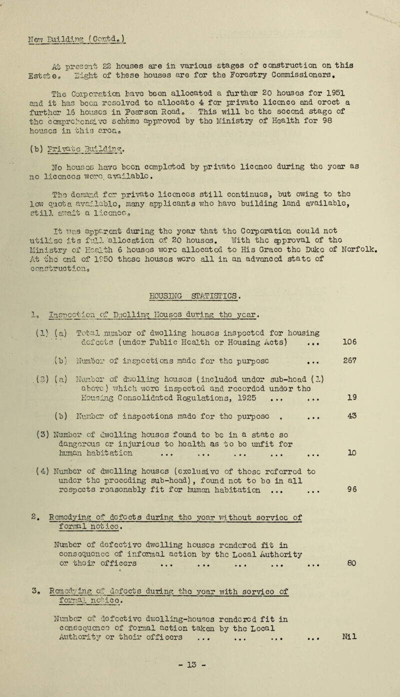 New Building; (Contd,) At pres ant 22 houses are in various stages of construction on this Estate o Sight of these houses are for the Forestry Commissioners, The Corporation have he on allocated a further 20 houses for 1951 and it has been resolved to allocato 4 for privato licence and erect a further 16 houses in Pearson Road, This -will be the second stage of the comprehensive scheme approved by the Ministiy of Health for 98 houses in .this arcao (b) Private Building, No houses havo been completed by privato liconco during the year as no liccncos were, available. The demand for private licences still continues, but owing to the low quota available, many applicants who havo building land available, still await a licence,, It was apparent during the year that the Corporation could not utilise its full allocation of 20 houses. With the approval of tho Ministry of Health 6 houses wore allocated to His G-raco tho Duko of Norfolk. At -oho end of 1950 these houses wero all in an advanced state of construction. HOUSING STATISTICS. 1, Inspection of Dyjolling Houses during the year. (1} (a) Total.number of dwelling houses inspected for housing defects (under Public Health or Housing Acts) ... 106 (b) Number of inspections made for the purpose ... 267 (3) (a) Number of dwolling houses (includod undor sub-head (2.) above) which wero inspected and recorded undor tho Housing Consolidated Regulations, 1925 ... ... 19 (b) Number of inspections made for tho purpose . ... 43 (3) Number of dwelling houses found to be in a state so dangerous or injurious to health as to bo unfit for human habitation ... ... ... ... ... 10 (4) Number of dwelling houses (exclusive of those referred to under the preceding sub-head) , found not to bo in all respects reasonably fit for human habitation ... ... 96 2. Remedying of defects during tho yoar without sorvicc of formal notico. Number of defective dwelling houses rendered fit in consequence of informal action by the Local Authority or thoir officers ... ... ... ... ... 80 3, Remedying of defects during tho yoar with sorvico of forma;-, notice. Number of defective dwolling-houses rendered fit in consequence of formal action taken by the Local Authority or their officers ... ... ... ... Nil