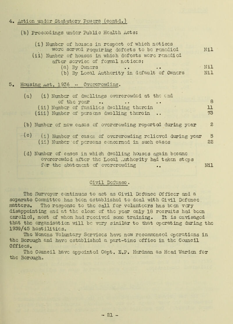 4. Action under Statutory Powers (contd.) (b) Proceedings under Public Health Acts: (i) Number of houses in respect of -which notices wore served requiring defects to bo remedied Nil (ii) Number of houses in which defects were remedied after service of formal notices: (a) By Owners .. .. Nil (b) By Local Authority in default of Owners Nil 5. Housing iict, 1956 •• Overcrowding. (a) (i) Number of dwellings overcrowded at the end of the year .. .. . . 8 (ii) Number of families dwelling therein 11 (iii) Number of persons dwolling t hero in .. 73 (b) Number of new eases of overcrowding roportod during year 2 (°) (i) Numbor of cases of overcrowding relieved during year 5 (ii) Number of persons conccrnod in such eases 22 (d) Number of■ eases in which dwelling houses again became ovorcrowdcd after the Local authority had taken steps for the abatement of overcrowding .. Nil Civil Defence. The Surveyor continues to act as Civil Defence Officer and a soparato Committee has been established to deal with Civil Defence matters. The rosponsc to the call for volunteers has been very disappointing and at the close of the year only 18 recruits had been enrolled, most of whom had received some training. It is envisaged that the organisation will be very similar to that operating during the 1939/45 hostilities. The Womens Voluntary Services have now recommenced operations in the Borough and have established a part-time offieG in the Council Offices. The Council have appointed Capt. E.P. Hardman as Head Warden for the Borougho