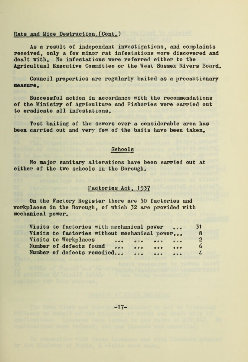 Rats and Mice Destruction.(Cont.) As a result of independant investigations, and complaints received, only a few minor rat infestations were discovered and dealt with. No infestations were referred either to the Agricultual Executive Committee or the West Sussex Rivers Board. Council properties are regularly baited as a precautionary measure. Successful action in accordance with the recommendations of the Ministry of Agriculture and Fisheries were carried out to eradicate all infestations. Test baiting of the sewers over a considerable area has been carried out and very few of the baits have been taken. Schools No major sanitary alterations have been carried out at either of the two schools in the Borough. Factories Act. 1937 On the Factory Register there are 50 factories and workplaces in the Borough, of which 32 are provided with mechanical power. Visits Visits Visits Number Number to factories with mechanical power ... to factories without mechanical power... to Workplaces of defects found ... ... ... of defects remedied... ... ... ... 31 8 2 6 4 -17-