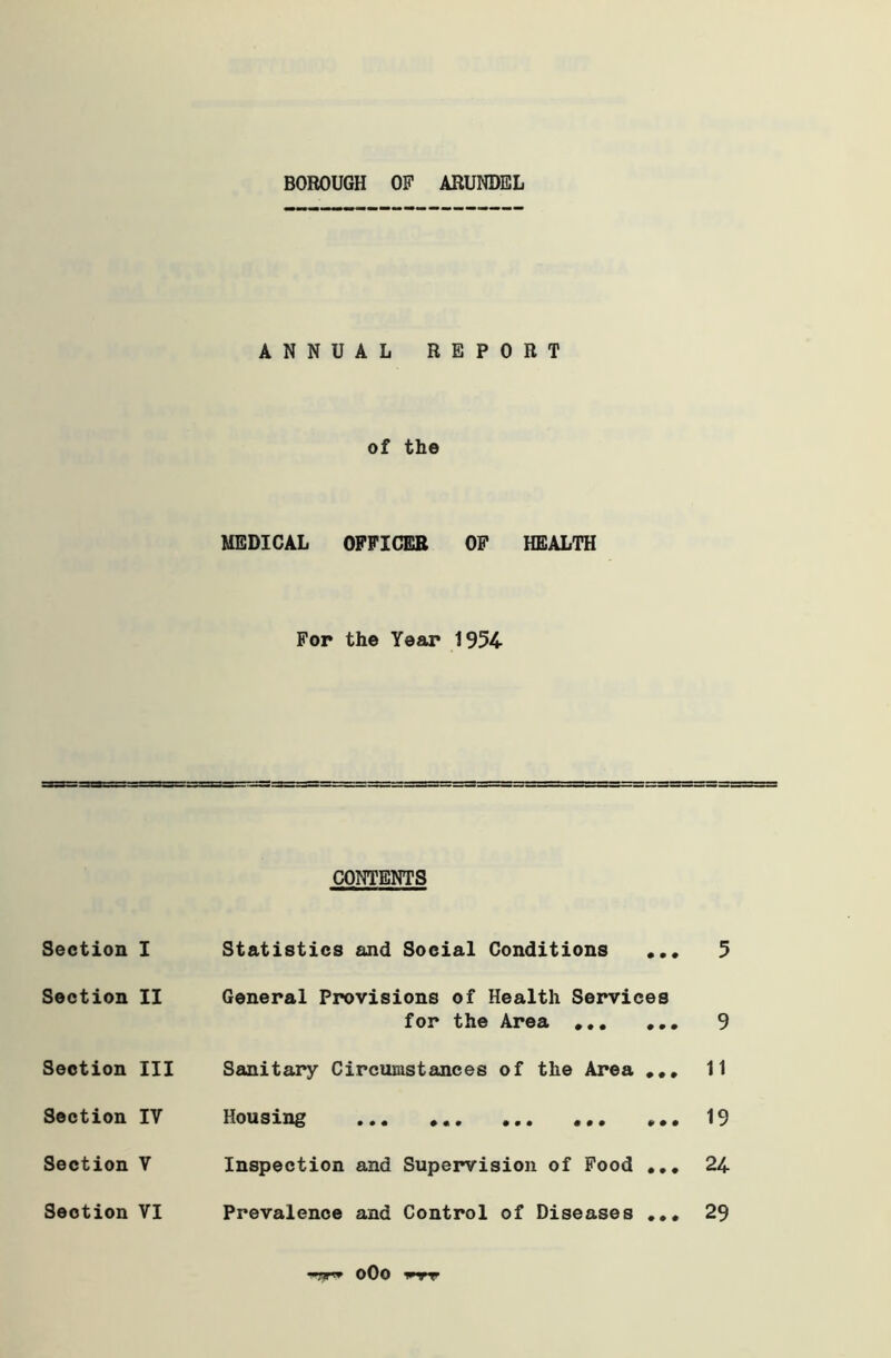 ANNUAL REPORT of the MEDICAL OFFICER OF HEALTH For the Year 1954- CONTENTS Section I Section II Section III Section IV Section V Section VI Statistics and Social Conditions ... 5 General Provisions of Health Services for the Area 9 Sanitary Circumstances of the Area . .. 11 Housing ... 19 Inspection and Supervision of Food ... 24 Prevalence and Control of Diseases ... 29