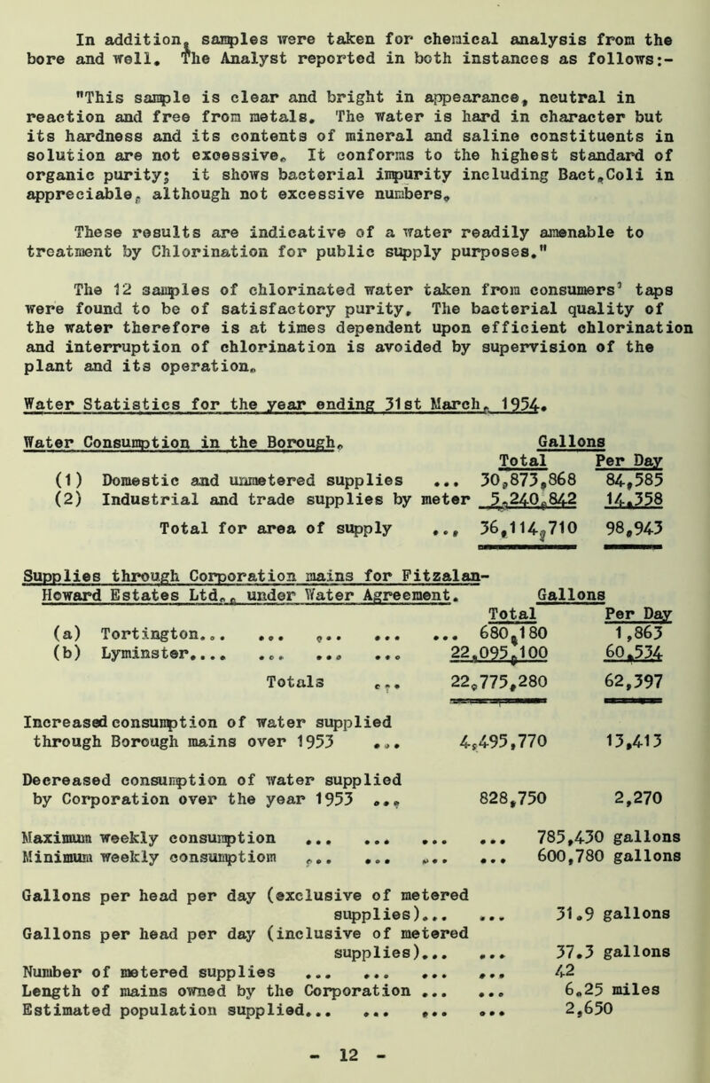 bore and well. The Analyst reported in both instances as follows This sanple is clear and bright in appearance, neutral in reaction and free from metals. The water is hard in character but its hardness and its contents of mineral and saline constituents in solution are not excessive,, It conforms to the highest standard of organic purity; it shows bacterial impurity including Bact,Coli in appreciable,, although not excessive numbers. These results are indicative of a water readily amenable to treatment by Chlorination for public supply purposes. The 12 samples of chlorinated water taken from consumers’ taps were found to be of satisfactory purity. The bacterial quality of the water therefore is at times dependent upon efficient chlorination and interruption of chlorination is avoided by supervision of the plant and its operation,, Water Statistics for the year ending 31st March. 1954. Water Consumption in the Borough. Gallons Total Per Day (1) Domestic and unmetered supplies ... 30,873,868 84,585 (2) Industrial and trade supplies by meter 3-240 842 14.358 Total for area of supply ,., 36,114,,710 98,943 Supplies through Corporation mains for Fitz&lan- Howard Estates Ltd., under Water Agreement. Gallons (a) Tortington... ... , (b) Lyminster Total . 680^180 22.095^100 Per Day 1,863 60.534 Totals ... 22,775,280 62,397 Increased consuBption of water supplied through Borough mains over 1953 ... 4,495,770 13,413 Decreased consumption of water supplied by Corporation over the year 1953 ... 828,750 2,270 Maximum weekly consumption Minimum weekly consumptiom ... ... 785,430 gallons ... 600,780 gallons Gallons per head per day (exclusive of metered supplies)... ... Gallons per head per day (inclusive of metered supplies)... ... Number of metered supplies ... ... ... ... Length of mains owned by the Corporation Estimated population supplied ,... 31.9 gallons 37.3 gallons 42 6.25 miles 2,650 12