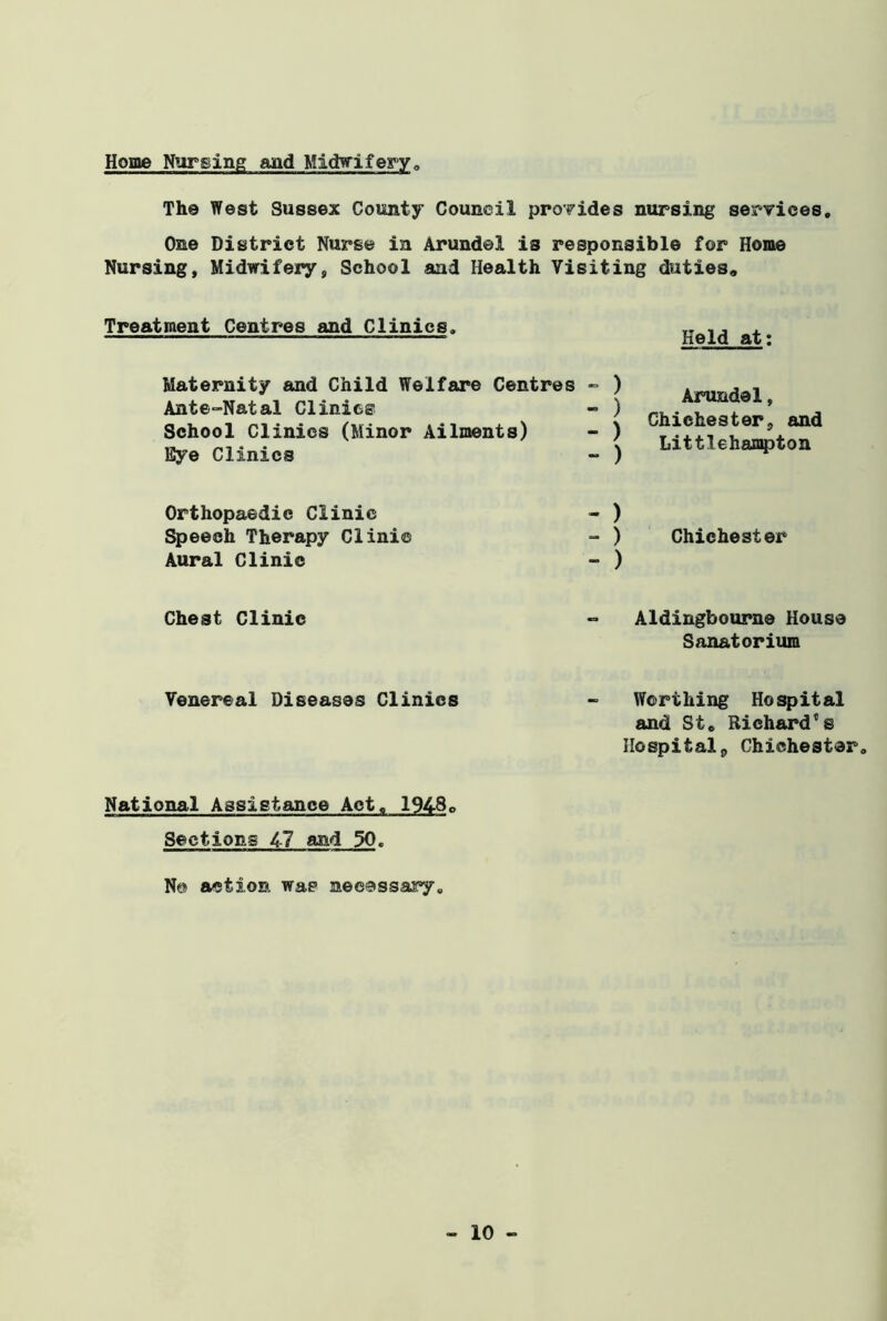 Home Nursing and Midwifery The West Sussex County Council provides nursing services. One District Nurse in Arundel is responsible for Home Nursing, Midwifery, School and Health Visiting duties. Treatment Centres and Clinics. Held at; Maternity and Child Welfare Centres - ) Ante-Natal Clinics' - ) School Clinics (Minor Ailments) - ) Eye Clinics - ) Arundel, Chichester, and Littlehampton Orthopaedic Clinic Speech Therapy Clinic Aural Clinic - ) - ) Chichester - ) Chest Clinic Aldingbourne House Sanatorium Venereal Diseases Clinics Worthing Hospital and St, Richard's Hospital, Chichester. National Assistance Act, 1948, Sections 47 and 50. No action was necessary.