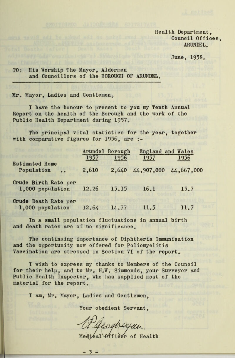 Health Department, Council Offices, ARUNDEL. June, 1958. TO: His Worship The Mayor, Aldermen and Councillors of the BOROUGH OF ARUNDEL. Mr. Mayor, Ladies and Gentlemen, I have the honour to present to you ray Tenth Annual Report on the health of the Borough and the work of the Public Health Department during 1957. The principal vital statistics for the year, together with con^arative figures for 1956, are Arundel Borough England and Wales Estimated Home 1957 1956 1957 1956 Population Crude Birth Rate per 2,610 2,640 44,907,000 44,667,000 1,000 population Crude Death Rate per 12.26 15.15 16,1 15.7 1,000 population 12,64 14.77 11.5 11.7 In a small population fluctuations in annual birth and death rates are of no significance. The continuing importance of Diphtheria Immunisation and the opportunity now offered for Poliomyelitis Vaccination are stressed in Section VI of the report, I wish to express my thanks to Members of the Council for their help, and to Mr, H.W. Simmonds, your Surveyor and Public Health Inspector, who has supplied most of the material for the report, I am, Mr, Mayor, Ladies and Gentlemen, Your obedient Servant,