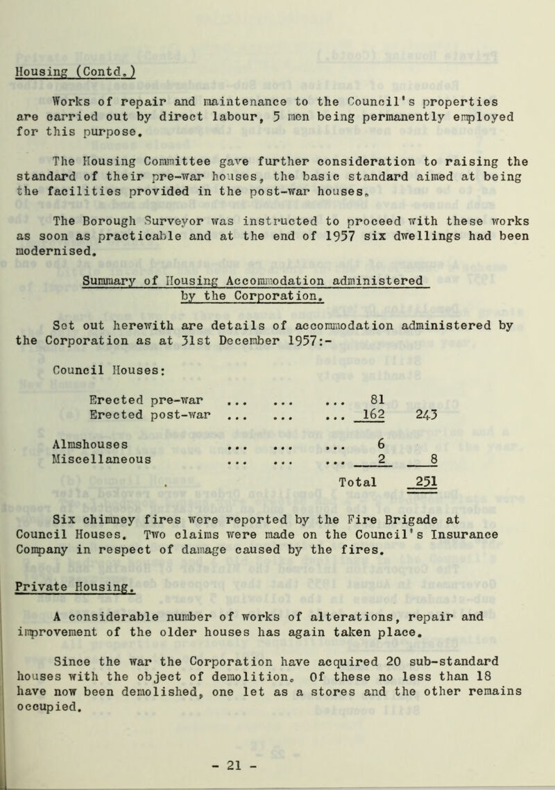 Housing (Contd.) Works of repair and maintenance to the Council's properties are carried out by direct labour, 5 men being permanently employed for this purpose. The Housing Committee gave further consideration to raising the standard of their pre-war houses, the basic standard aimed at being the facilities provided in the post-war houses^ The Borough Surveyor was instructed to proceed with these works as soon as practicable and at the end of 1957 six dwellings had been modernised. Summary of Housing Accommodation administered by the Corporation, Set out herewith are details of aecoinmodation administered by the Corporation as at 31st December 1957:- Couneil Houses: Erected pre-war • • • 81 Erected post-war • • • ... 162 243 Almshouses ... • « • 9 • • ^ Miscellaneous 2 8 Total 251 Six chimney fires were reported by the Fire Brigade at Council Houses. Two claims were made on the Council's Insurance Company in respect of damage caused by the fires. Private Housing. A considerable number of works of alterations, repair and inprovement of the older houses has again taken place. Since the war the Corporation have acquired 20 sub-standard houses with the object of demolition. Of these no less than 18 have now been demolished, one let as a stores and the other remains occupied.
