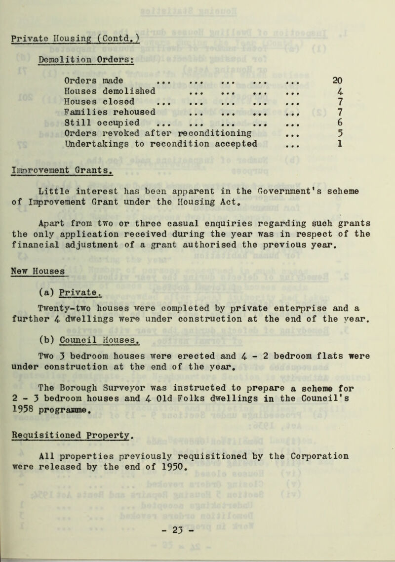 Demolit ion Orders; Orders made 20 Houses demolished 4 Houses closed ••• ••• ••• 7 Families rehoused 7 31X11 o c cupied ••• ••• ••• «•# 6 Orders revoked after reconditioning ... 5 Undertakings to recondition accepted ... 1 Iiimroveinent Grants. Little interest has been apparent in the Government's scheme of Improvement Grant under the Housing Act, Apart from two or three casual enquiries regarding such grants the only application received during the year was in respect of the financial adjustment of a grant authorised the previous year. New Houses (a) Private. Twenty-two houses were completed by private enterprise and a further 4 dwellings were under construction at the end of the year. (b) Council Houses. Two 3 bedroom houses were erected and 4-2 bedroom flats were under construction at the end of the year. The Borough Surveyor was instructed to prepare a scheme for 2-3 bedroom houses and 4 Old Folks dwellings in the Council's 1958 programme. Requisitioned Property. All properties previously requisitioned by the Corporation were released by the end of 1950,