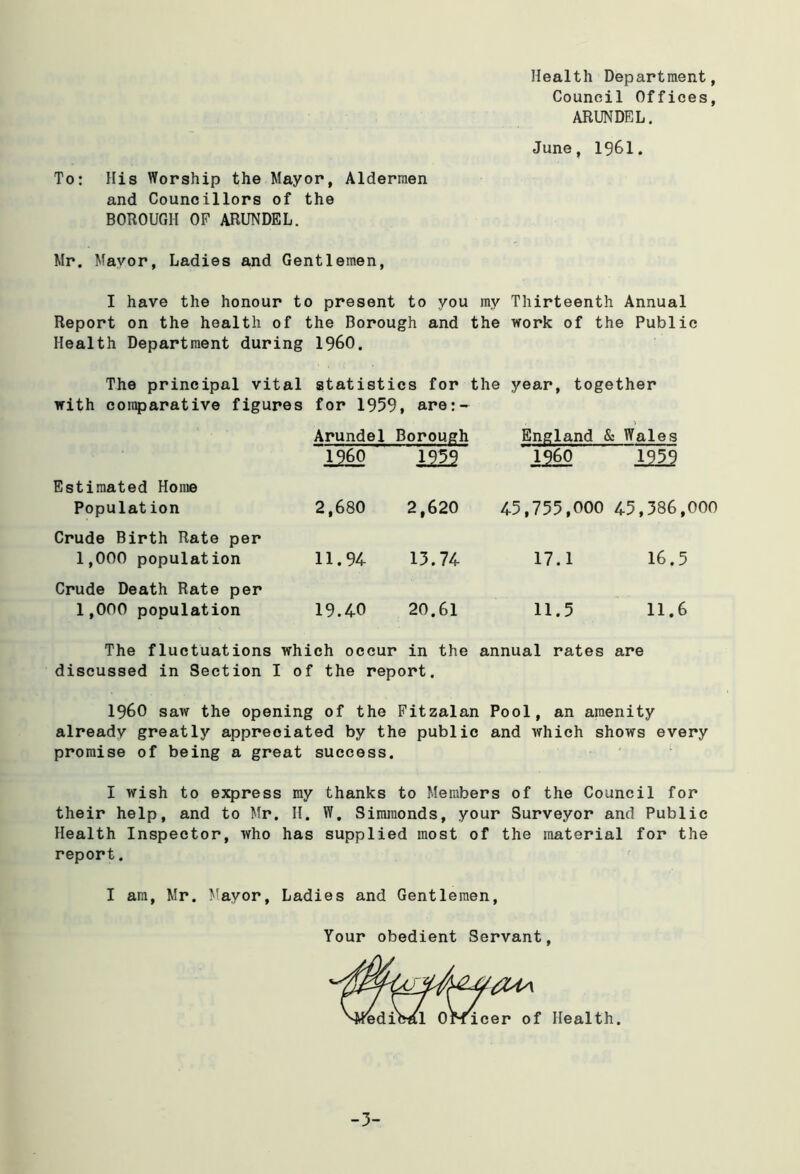 Health Department, Council Offices, ARUNDEL. June, 1961. To: His Worship the Mayor, Aldermen and Councillors of the BOROUGH OF ARUNDEL. Mr. Mayor, Ladies and Gentlemen, I have the honour to present to you my Thirteenth Annual Report on the health of the Borough and the work of the Public Health Department during I960. The principal vital statistics for the year, together with comparative figures for 1959, are:- Arundel Borough 1960 1959 England I960 & Wales 1959 Estimated Home Population 2,680 2,620 45,755,000 45,586,000 Crude Birth Rate per 1,000 population 11.94 15.74 17.1 16.5 Crude Death Rate per 1,000 population 19.40 20.61 11.5 11.6 The fluctuations which occur in the annual rates are discussed in Section I of the report. i960 saw the opening of the Fitzalan Pool, an amenity already greatly appreciated by the public and which shows every promise of being a great success. I wish to express my thanks to Members of the Council for their help, and to Mr. II. W. Simraonds, your Surveyor and Public Health Inspector, who has supplied most of the material for the report. I am, Mr. Mayor, Ladies and Gentlemen, Your obedient Servant, -5-