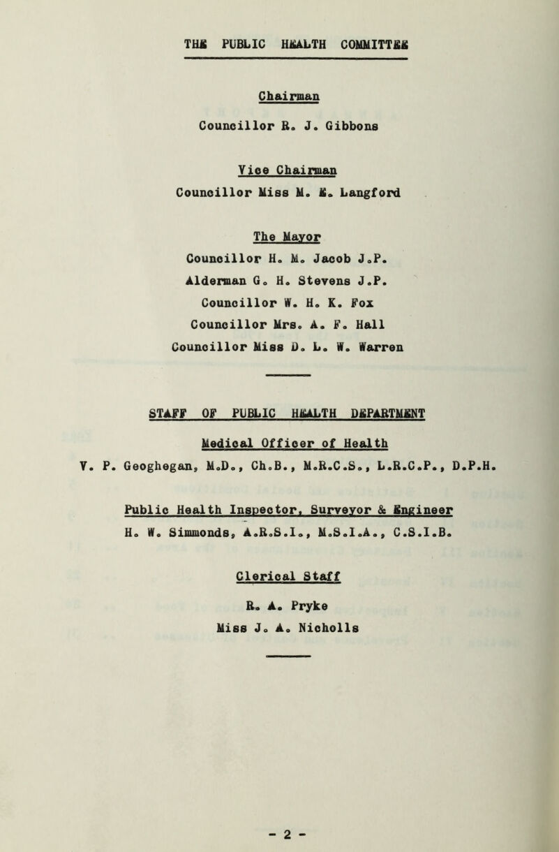 TUJfi PUBLIC HiliALTH COMMITTJfiii Chairman Councillor R. J. Gibbons Vice Chairman Councillor Miss M. tt. Langford The Mayor Councillor H. M. Jacob JoP. Alderman G. U. Stevens J.P. Councillor W. H. K. Fox Councillor Mrs. A. F. Hall Councillor Miss D» L. W. Warren STAFF OF PUBLIC HMLTH DMPARTMMNT Medical Offioer of Health V. P. Geoghegan, M.D., ChoB., M.R.C.S., L.R.C.P., D.P.H. Public Health Inspector. Surveyor & Engineer H. W. Simmonds, A.R.S.lo, M.S.I.A., C.S.I.B. Clerioal Staff R. A. Pryke Miss J. A. Nicholls