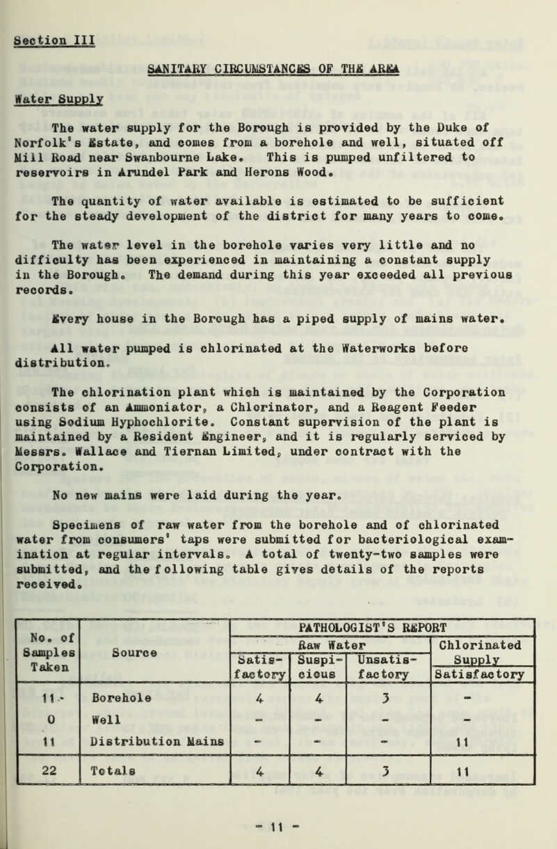 SANITARY CIRCUMSTANCES OF THfl ARM Water Supply The water supply for the Borough is provided by the Duke of Norfolk's Estate, and comes from a borehole and well, situated off Mill Road near Swanbourne Lake« This is pumped unfiltered to reservoirs in Arundel Park and Herons Wood. The quantity of water available is estimated to be sufficient for the steady development of the district for many years to come. The water level in the borehole varies very little and no difficulty has been experienced in maintaining a constant supply in the Borough. The demand during this year exceeded all previous records. Jfivery house in the Borough has a piped supply of mains water. All water pumped is chlorinated at the Waterworks before distribution The chlorination plant which is maintained by the Corporation consists of an Ammoniator, a Chlorinator, and a Reagent Feeder using Sodium Hyphochlorite. Constant supervision of the plant is maintained by a Resident Rngineer, and it is regularly serviced by Messrs. Wallace and Tiernan Limited, under contract with the Corporation. No new mains were laid during the year. Specimens of raw water from the borehole and of chlorinated water from consumers' taps were submitted for bacteriological exam- ination at regular intervals. A total of twenty-two samples were submitted, and the following table gives details of the reports received. No. of Samples Taken — PATHOLOGIST'S REPORT Source Raw Water Chlorinated Satis- Suspi- Unsatis- Supply factory cious factory Satisfactory 11* Borehole 4 4 3 - 0 Well - - - - 11 Distribution Mains - - - 11 22 Totals 4 4 3 11